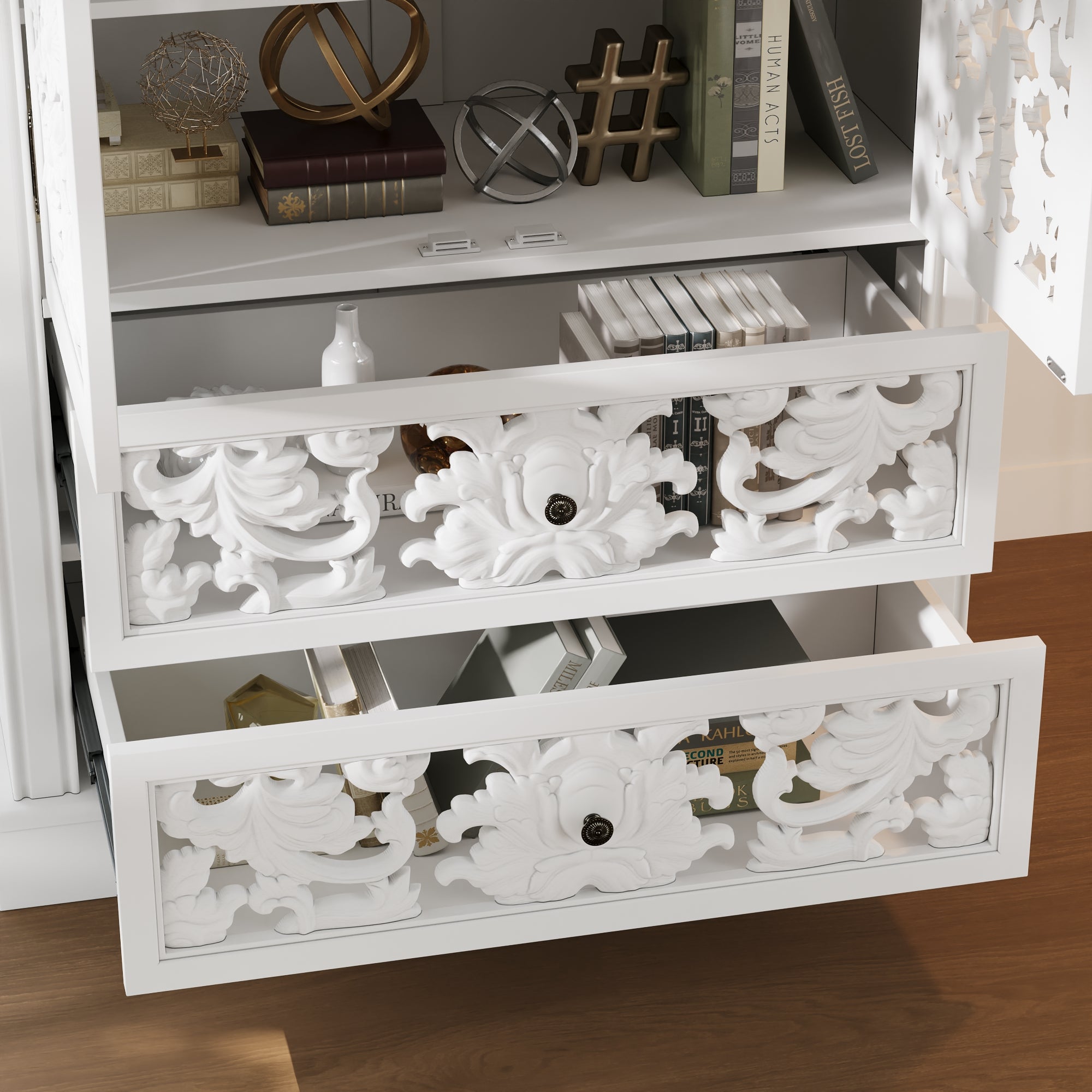Dining room with a white ornate cabinet and wooden table