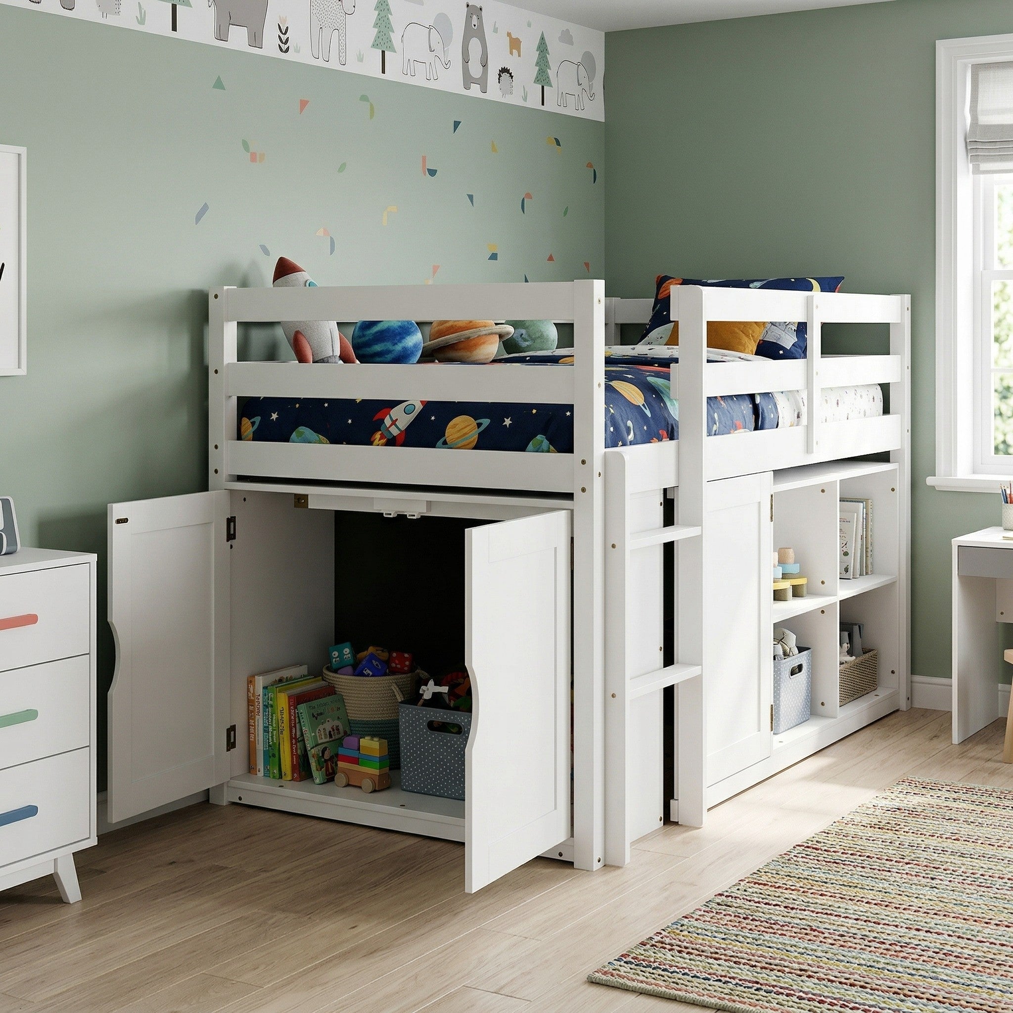 White kids loft bed with storage cabinets, shelves, and ladder