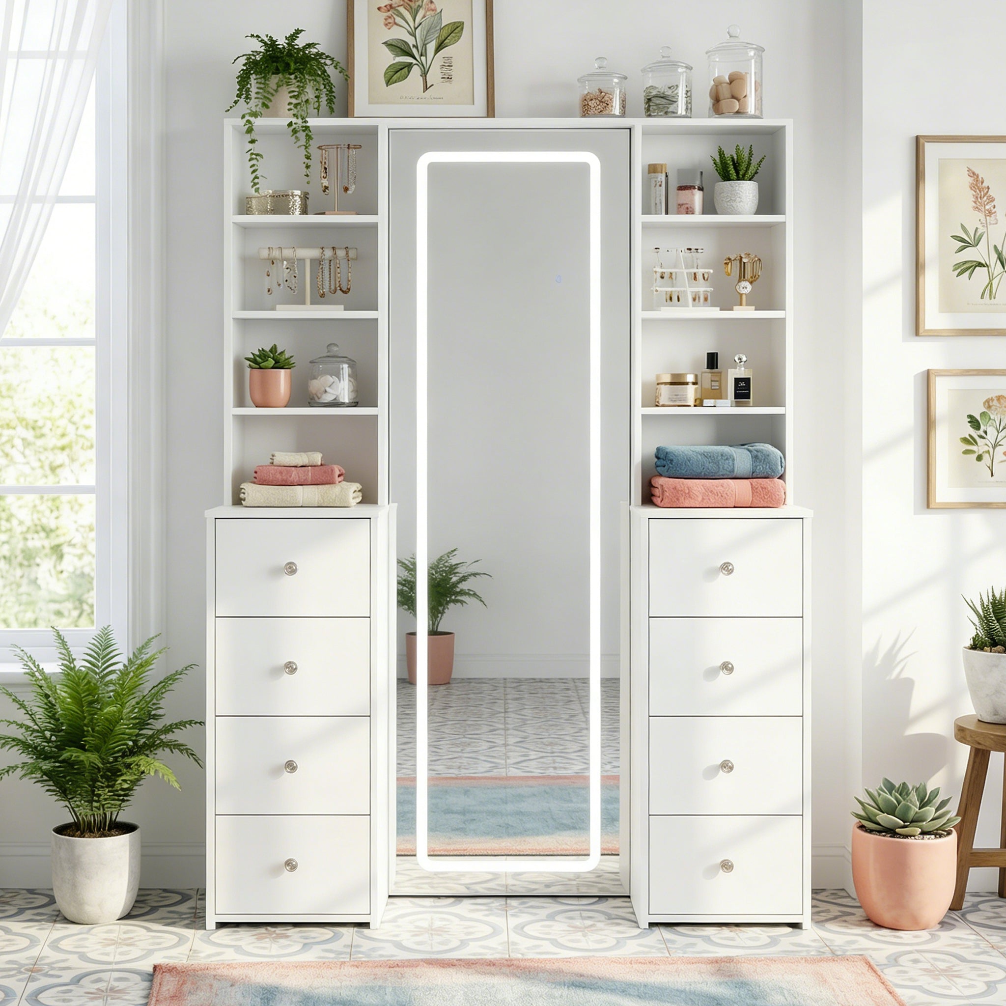 White makeup vanity with full-length LED mirror, side shelves, and drawer storage