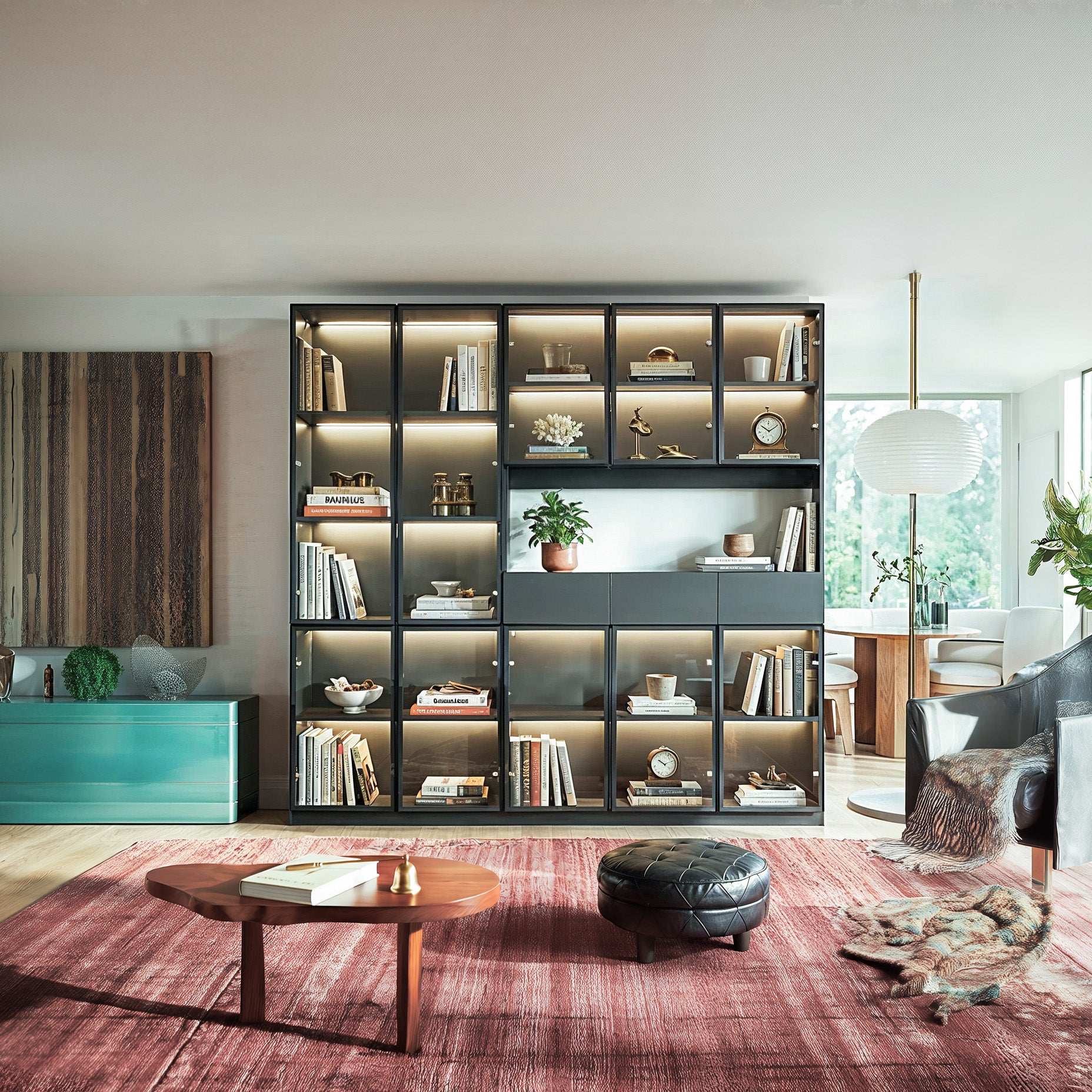 78.7" Large Bookcase with Glass Doors and 3-Color Changing LED Lights