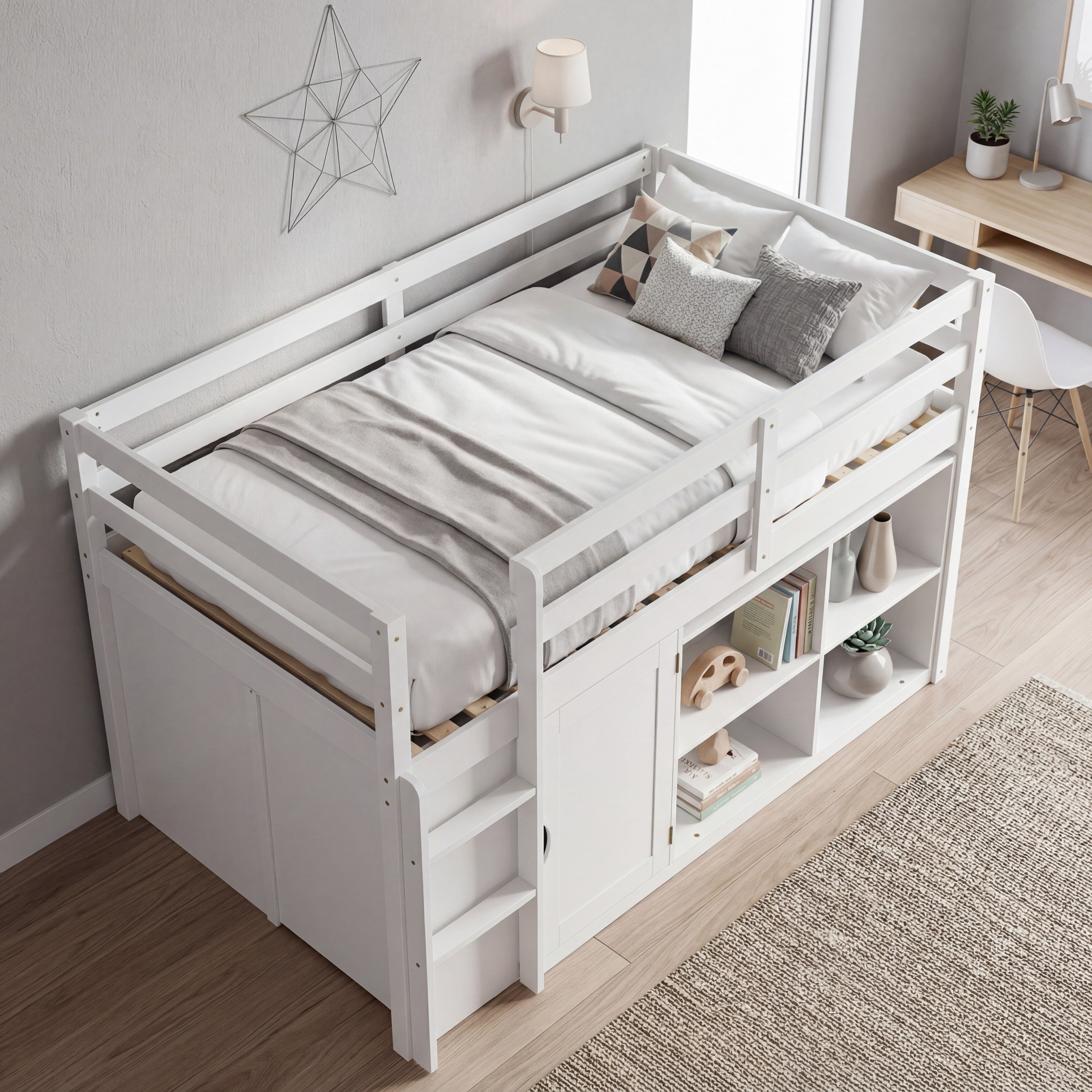 White kids loft bed with storage cabinets, shelves, and ladder