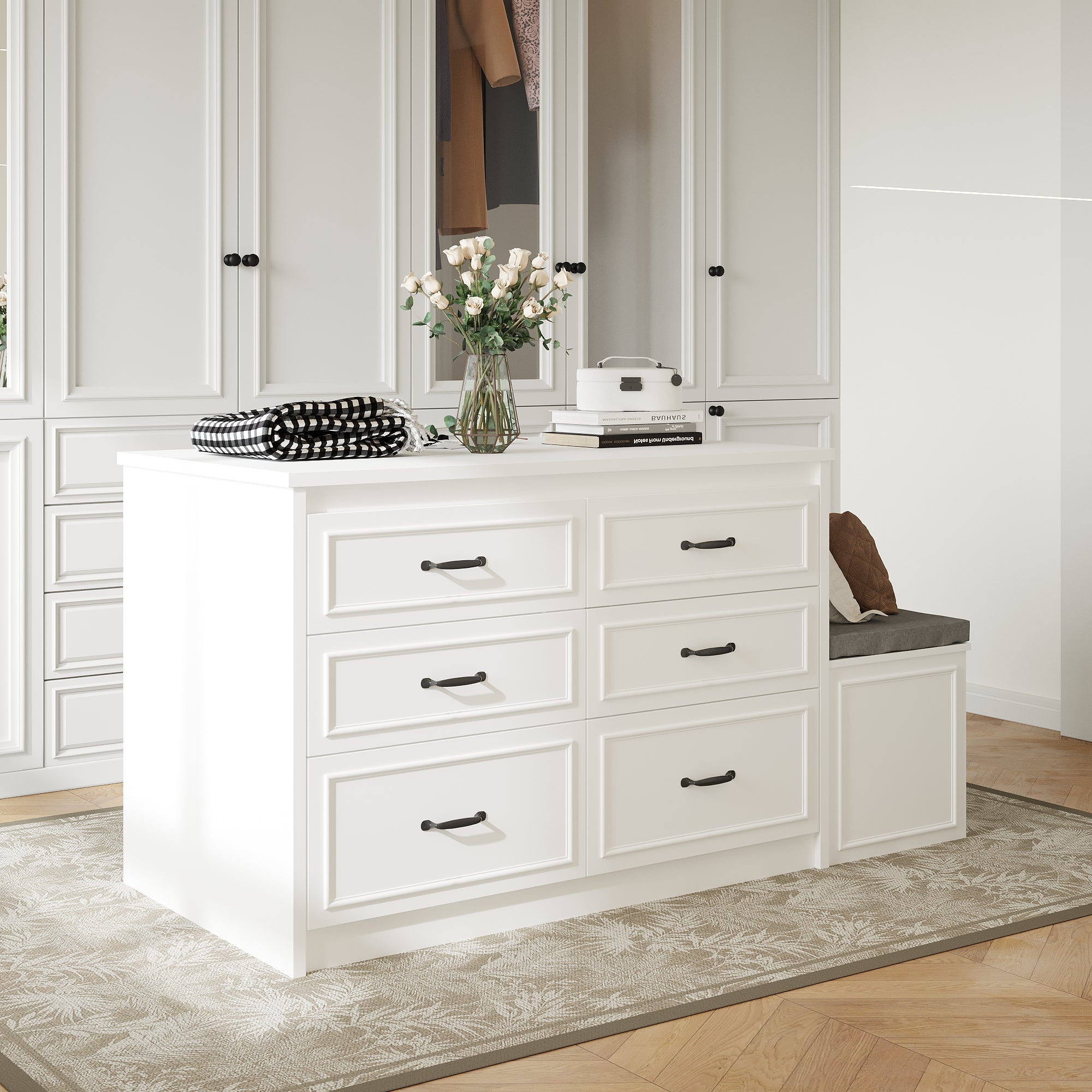 12-Drawer Closet Island With Built-In Shoe Bench