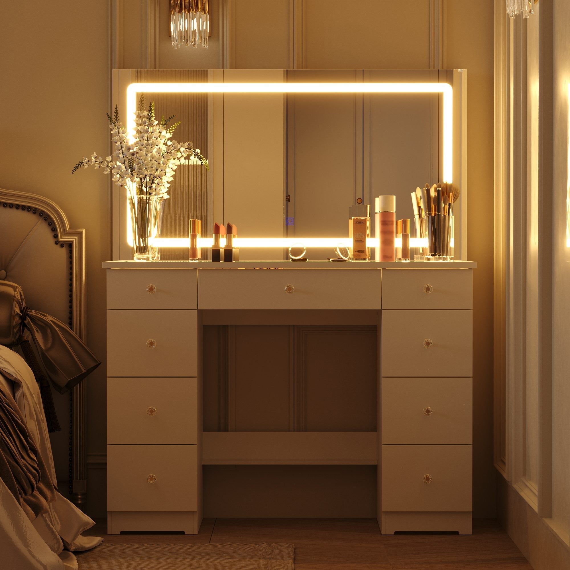 Modern Makeup Vanity With Lighted Mirror And Strong Storage