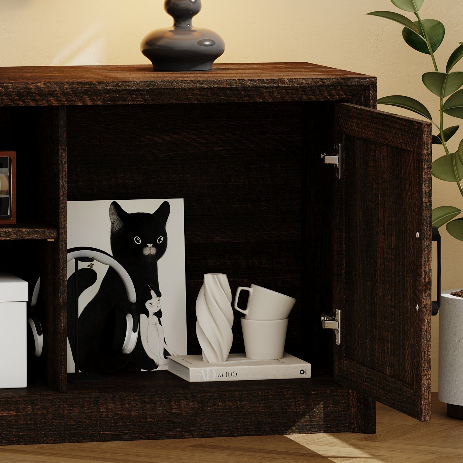 70.9" TV Stand With Adjustable Center Shelf, Black Metal Handles, And Dual Side Cabinets