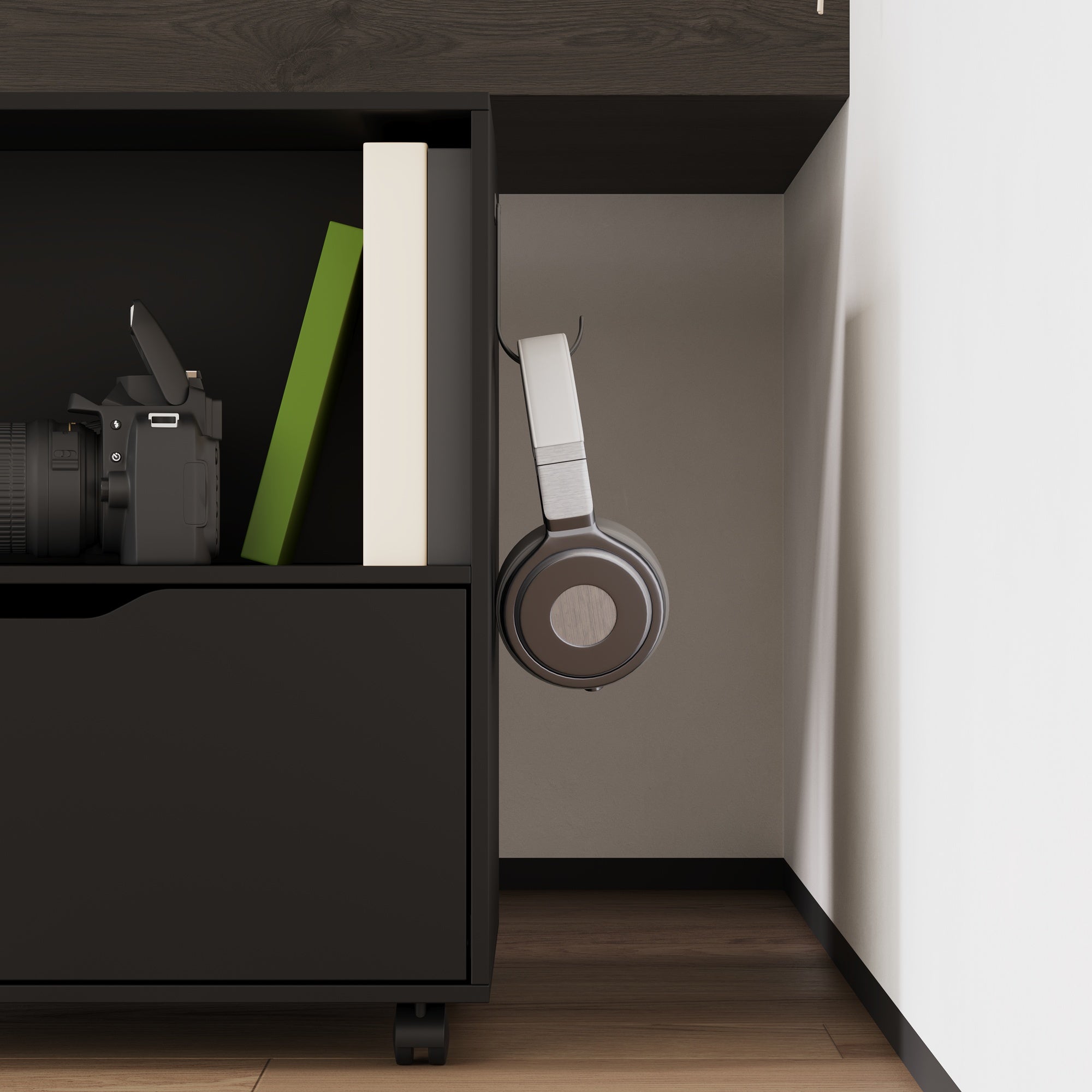 31.5" Wide Black Double File Cabinet - With Side Drawers, Hooks & Spinner Wheels