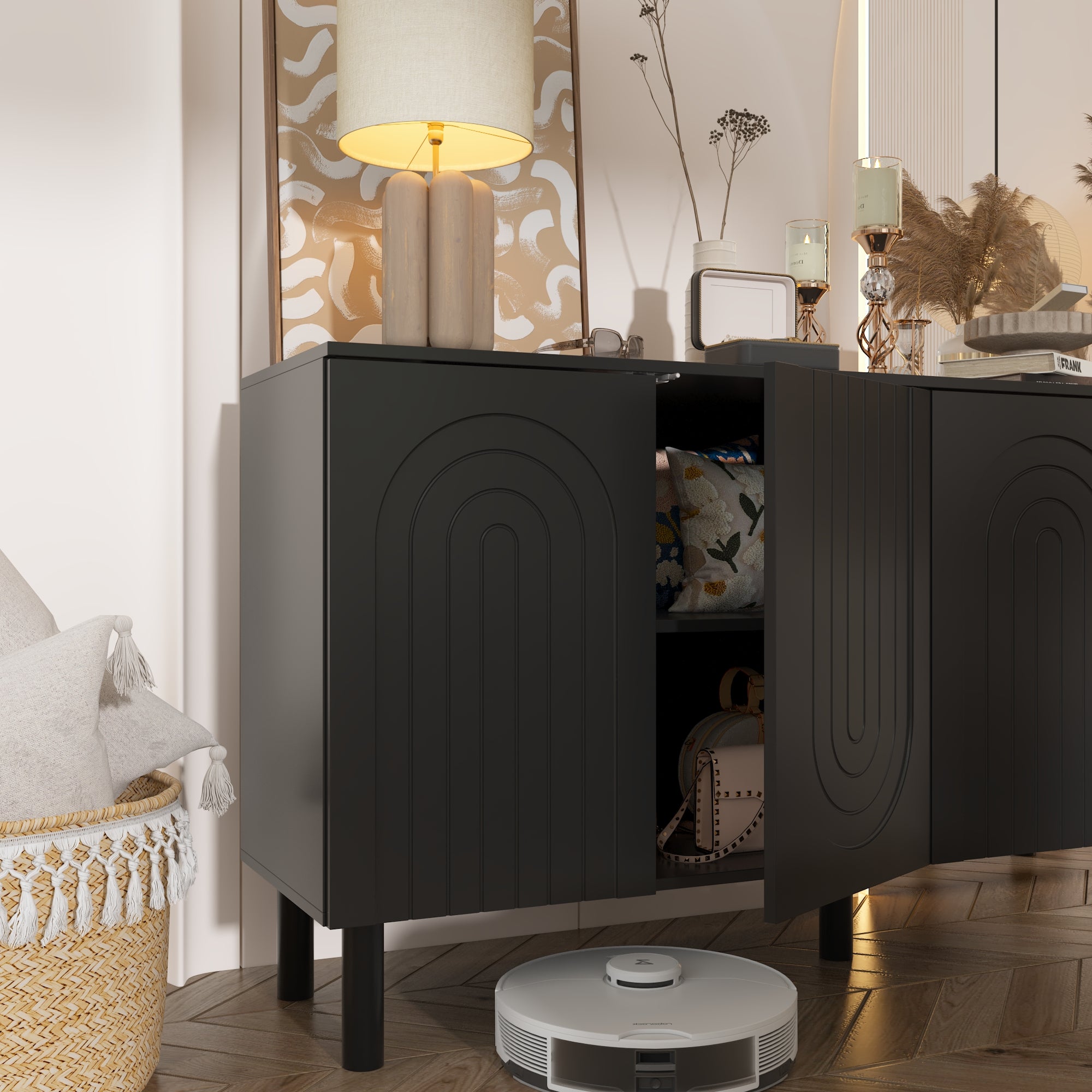 Sideboard Buffet Table Console Table in White Finish 4 U-Shaped Doors