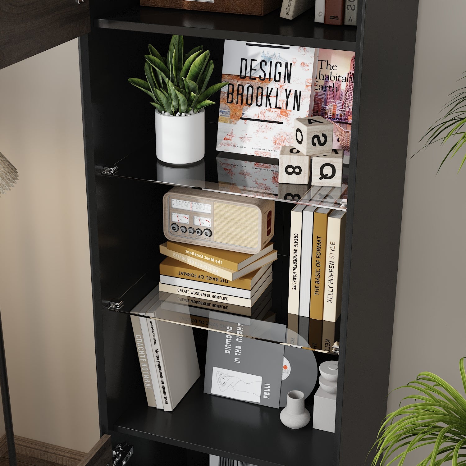 67'' Modern Tall Bookcase With Dual Cabinets, Glass Shelves & 3-Color LED Light Strips