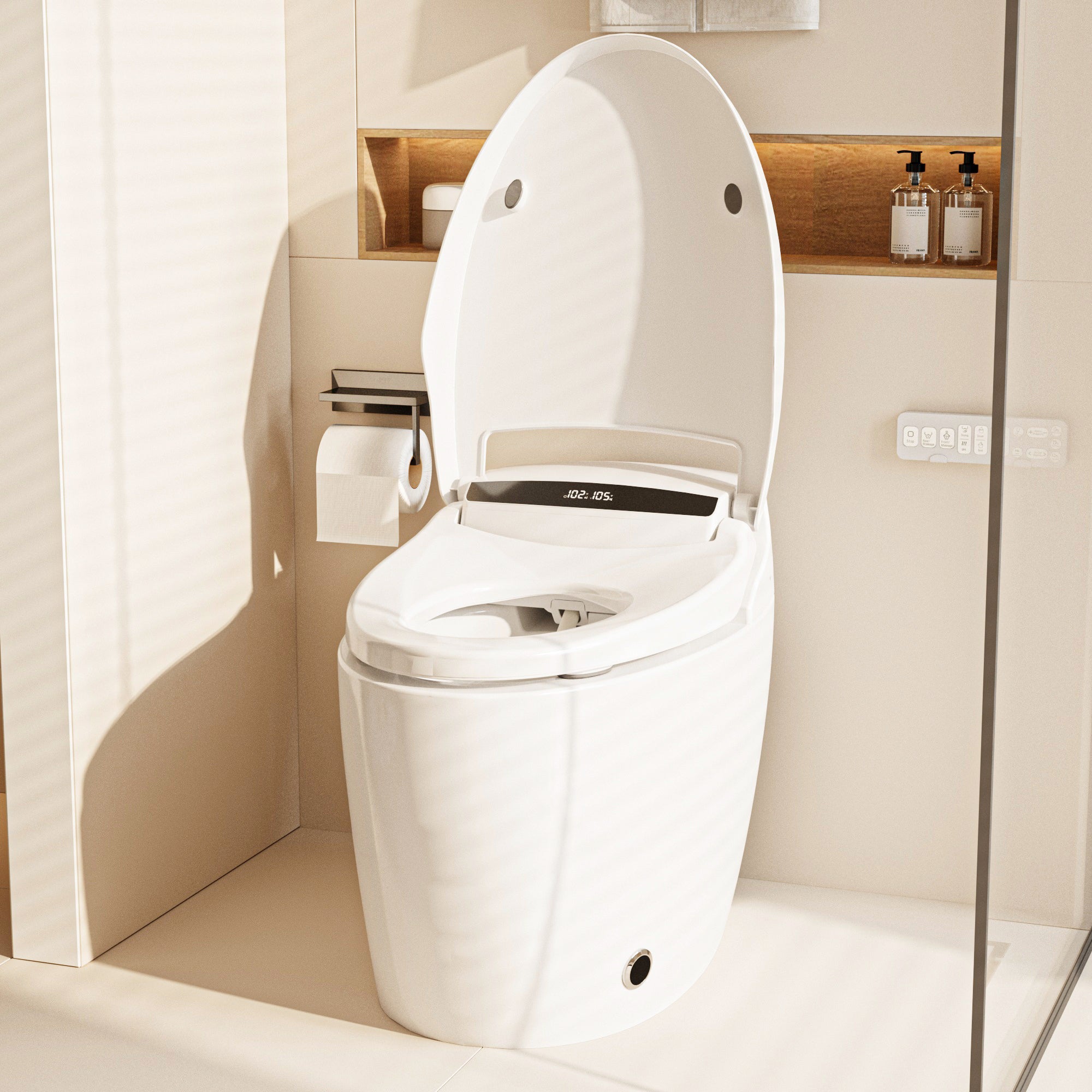 White smart toilet with closed lid, digital display, and built-in bidet