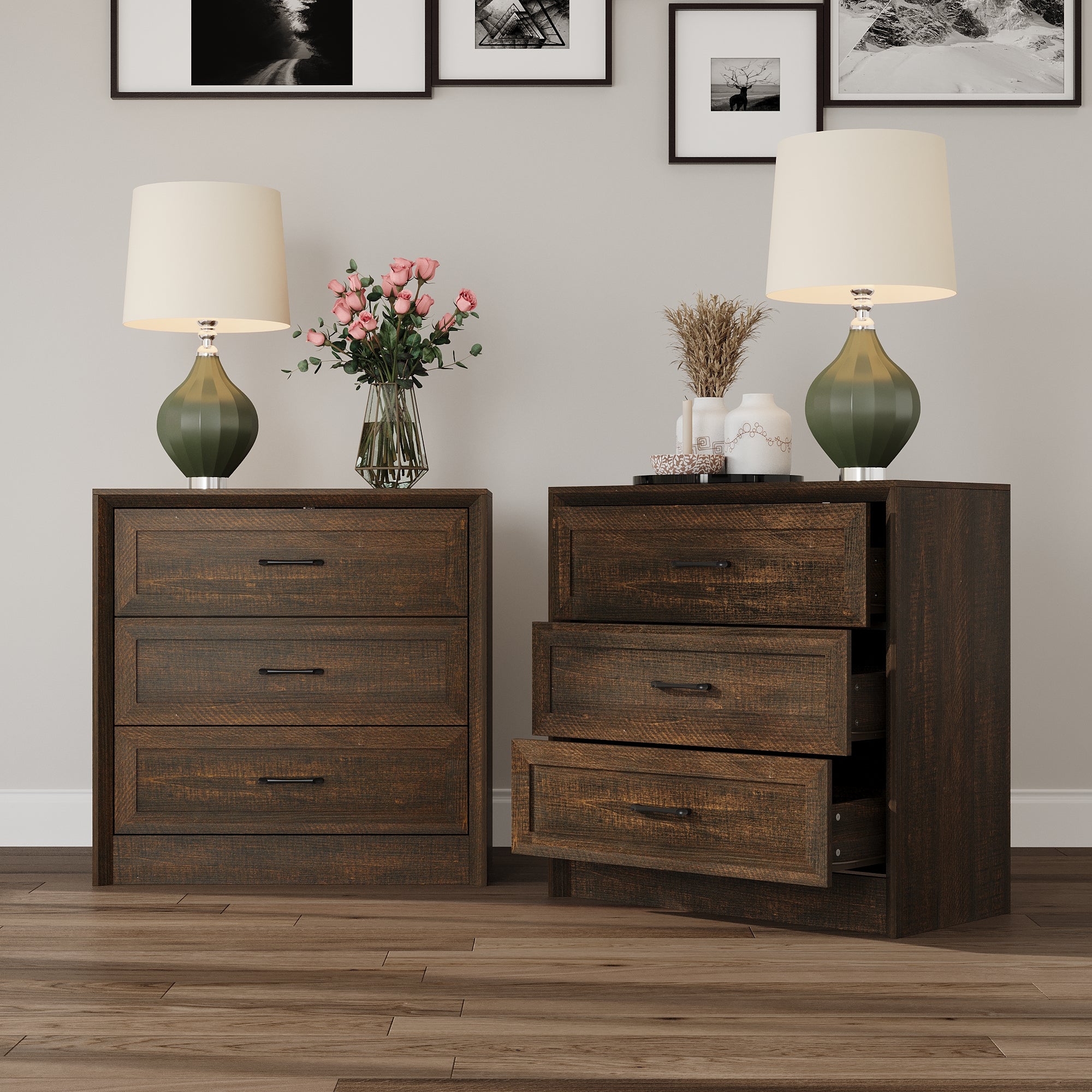 3-Drawer Nightstand With Wood Grain Finish