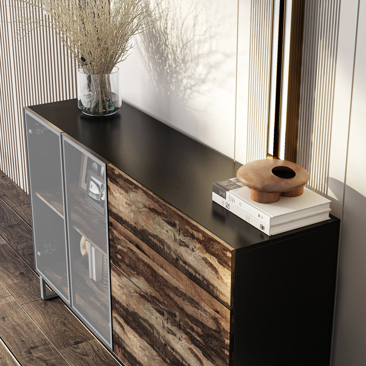 63 inch Modern Black & Brown Sideboard Buffet Cabinet with LED Lights & 4 Drawers