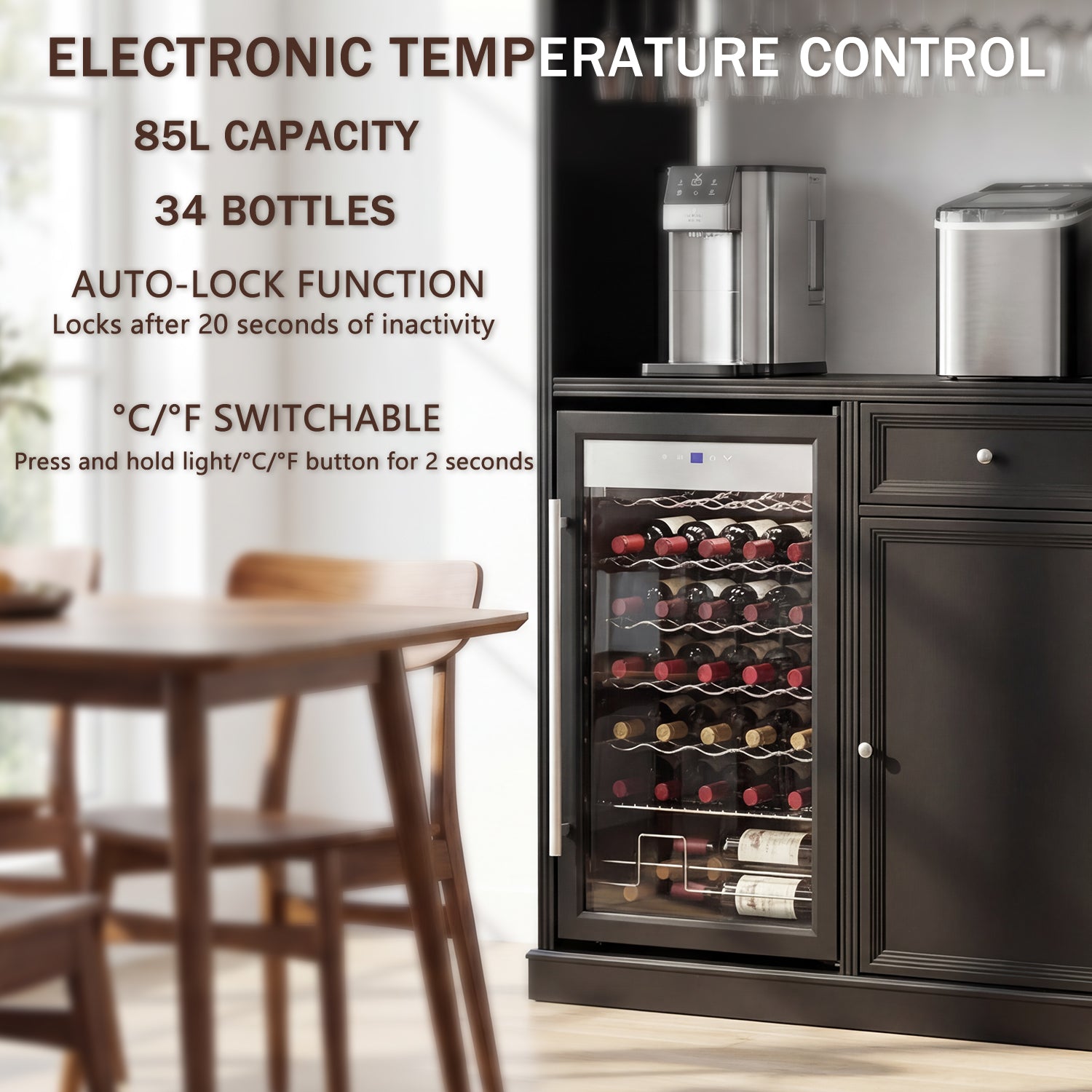 Wine cooler with electronic temperature control in a kitchen setting