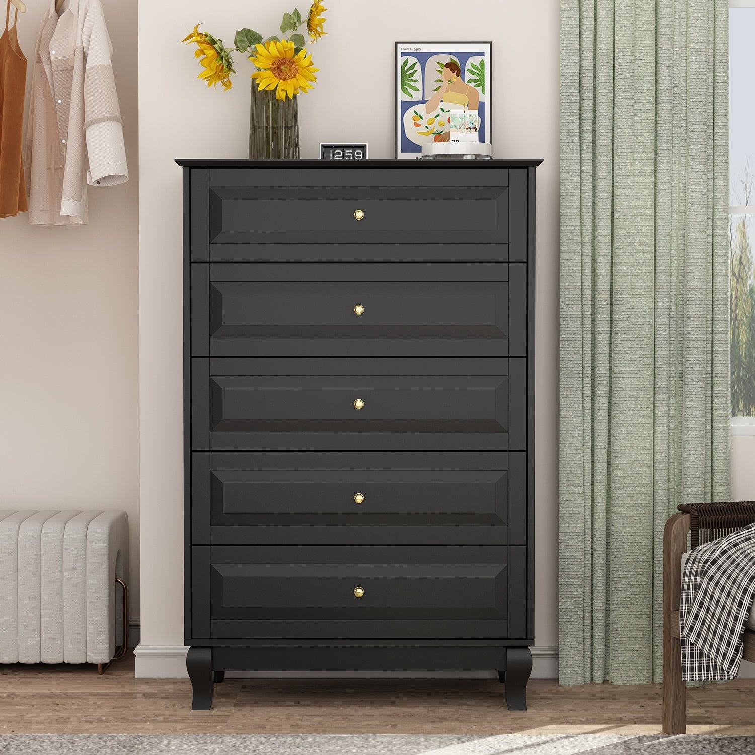 Modern Wood Cabinet Display Table Vertical Black Dresser with 5 Drawers