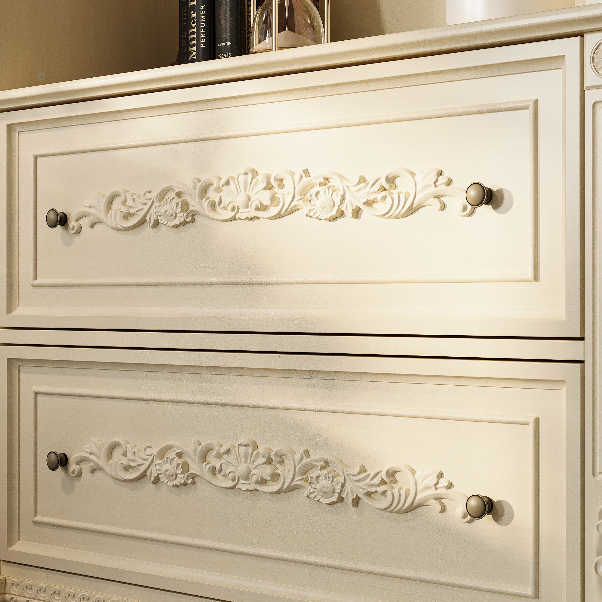 Elegant Display Cabinet With 3 Open Shelves & 2 Carved Drawers