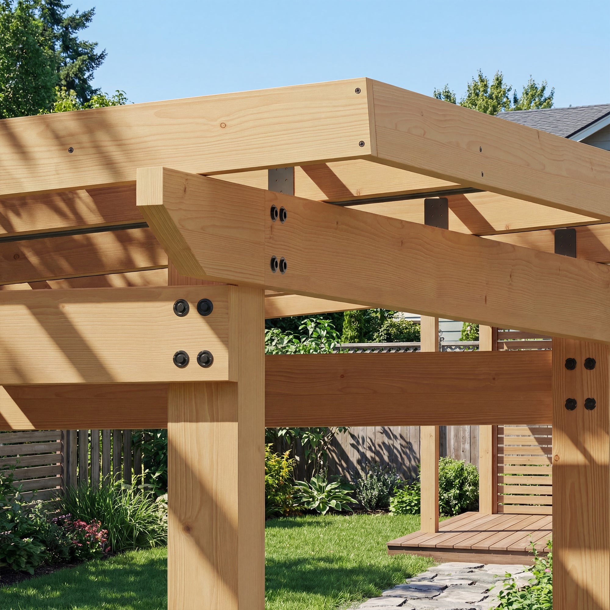 84.6" Cedar Wood Patio Bar Pergola with Double Bar, TV Mount and Footrest