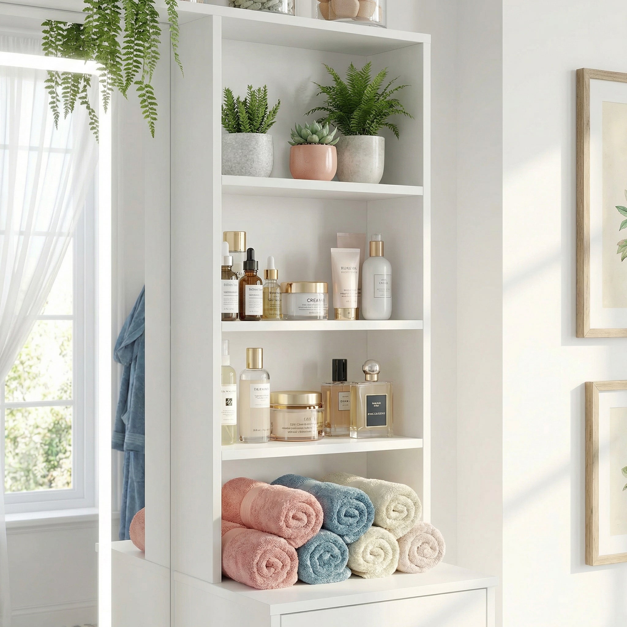White makeup vanity with full-length LED mirror, side shelves, and drawer storage