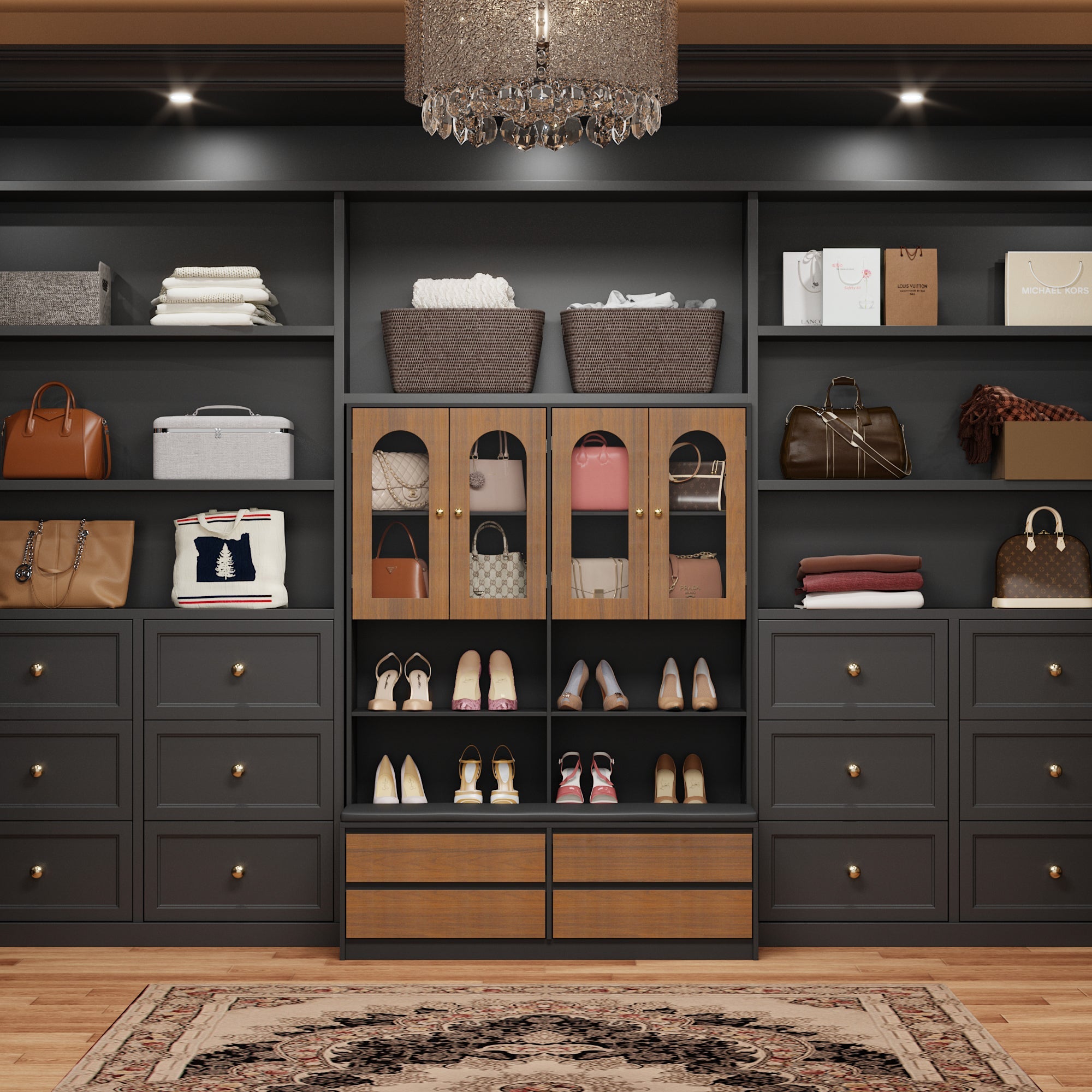 4 Glass Doors And 4 Drawers Closet System With Shoe Storage Bench