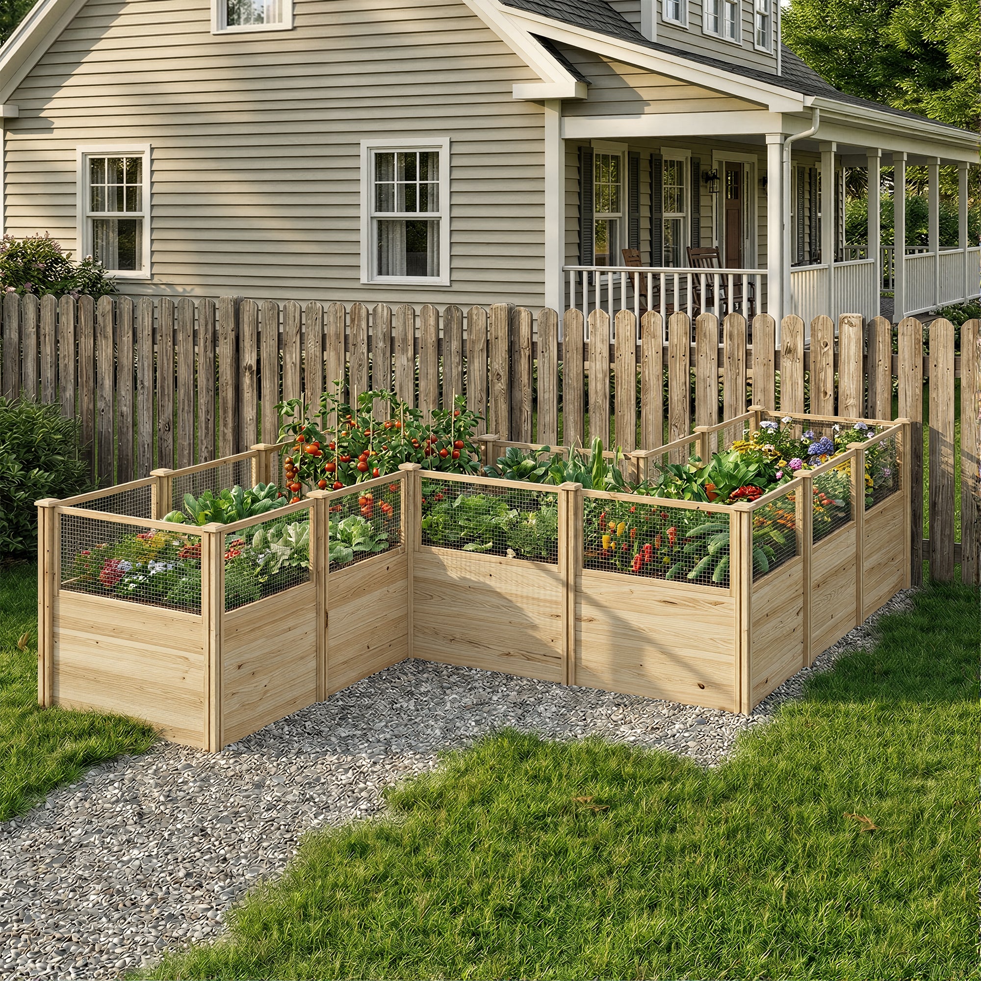 Wooden raised garden bed with plants in front of a house