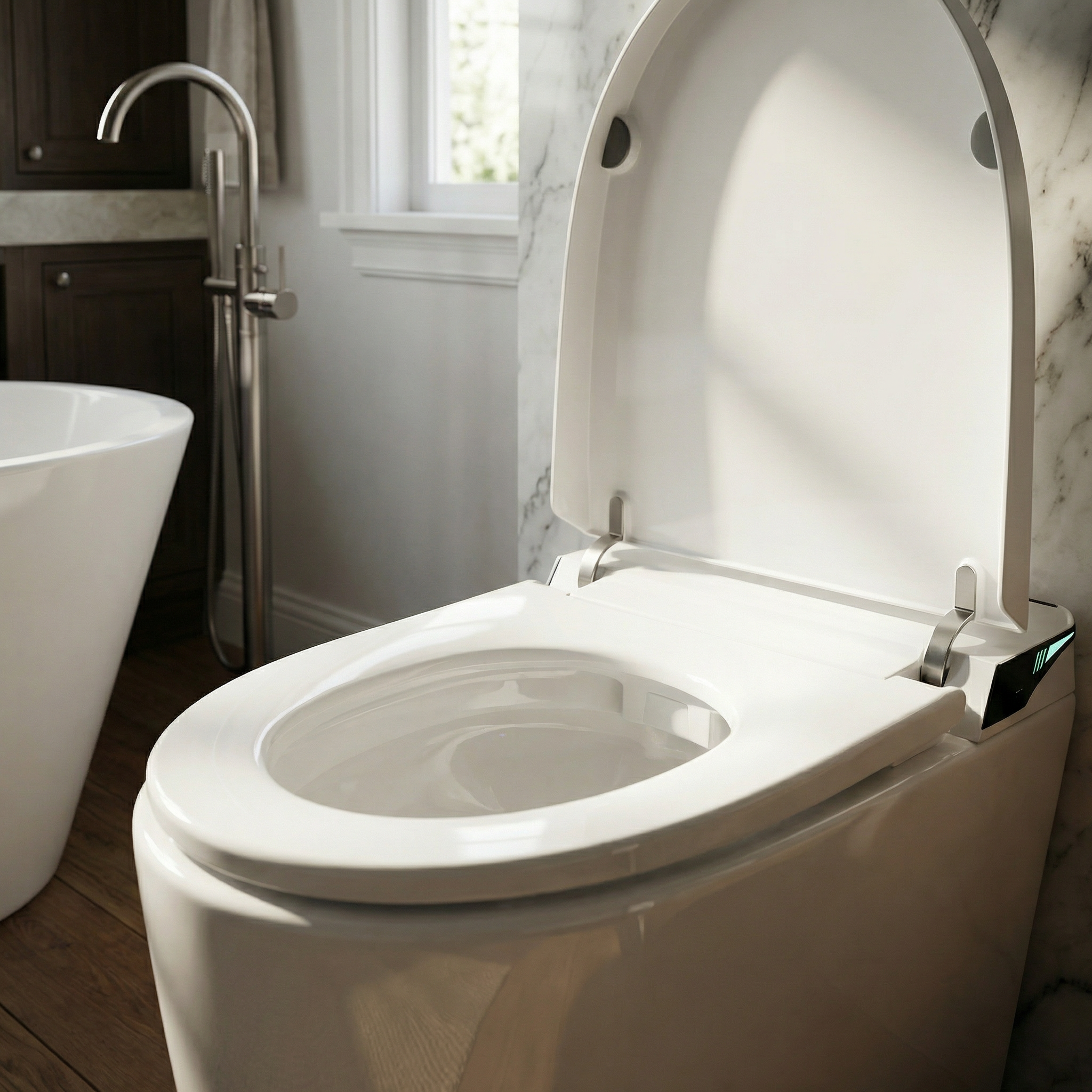 White smart toilet with digital display, and side control knob