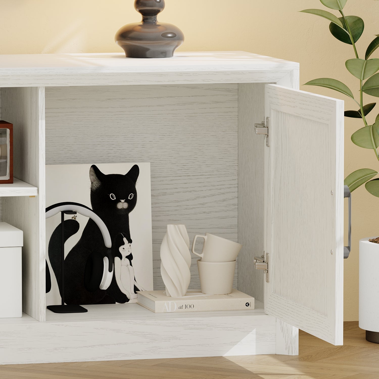 70.9" TV Stand With Adjustable Center Shelf, Black Metal Handles, And Dual Side Cabinets