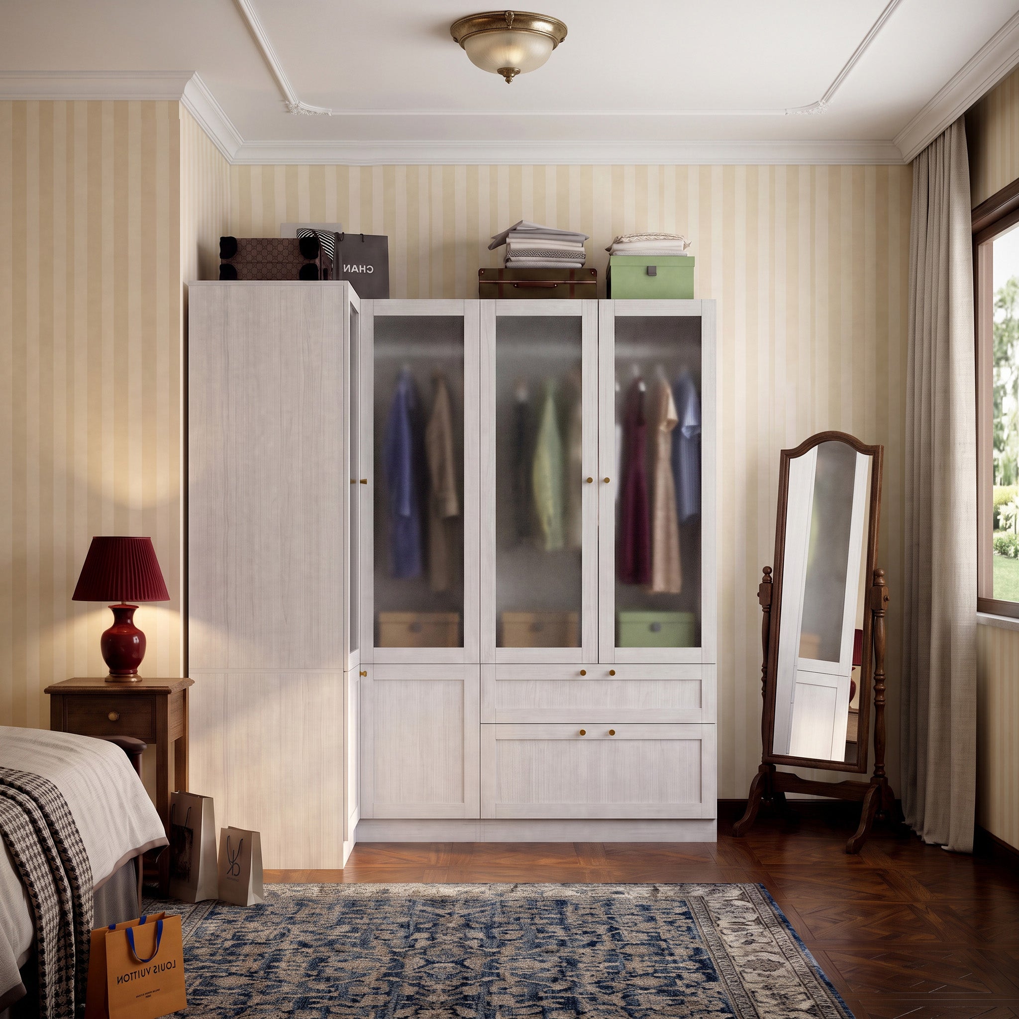 66.9" Modern Corner Wardrobe with Frosted Glass Doors and Gold Hardware