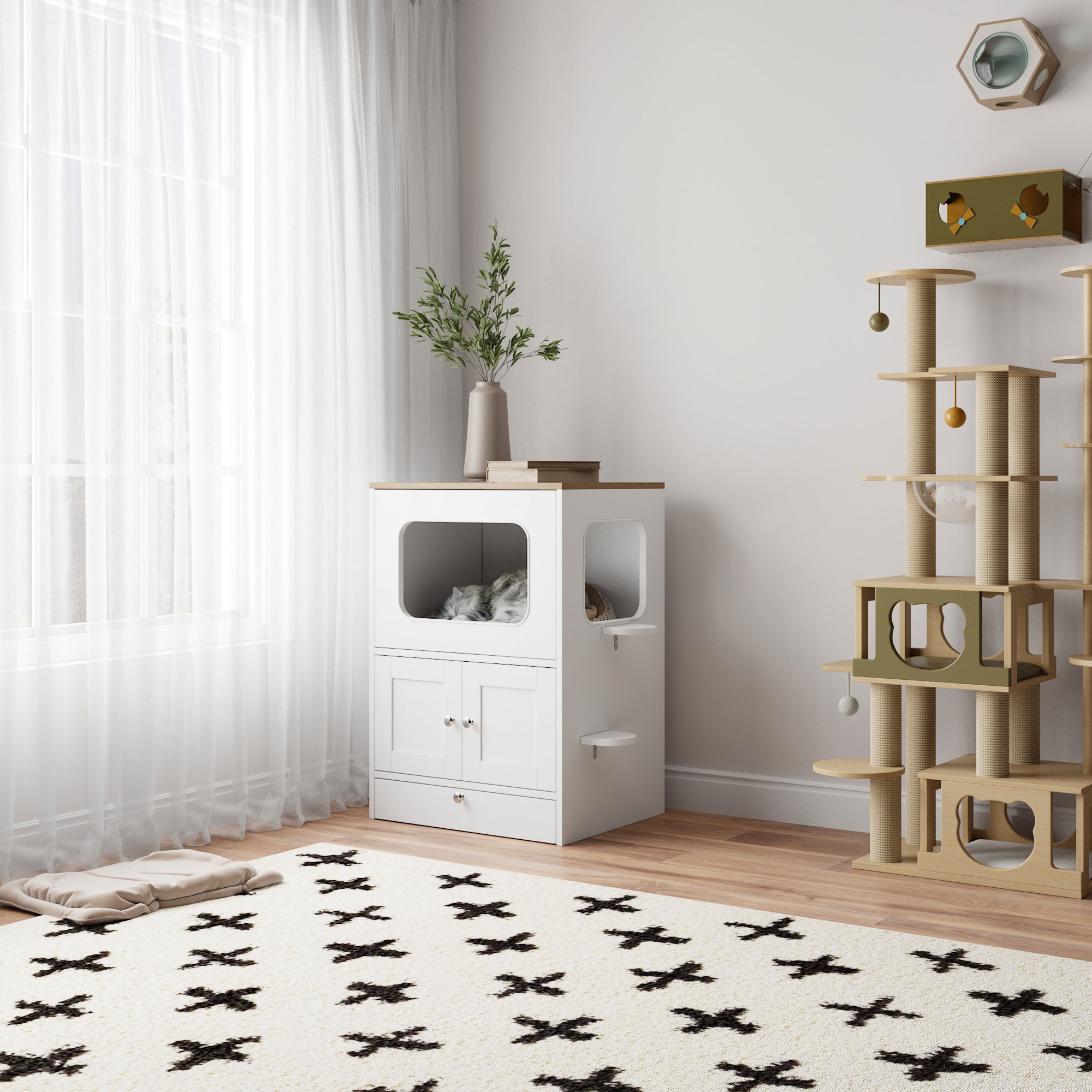 21.7 inches Modern White Multi-Functional Cat Condo Cabinet with Feeding Station and Storage