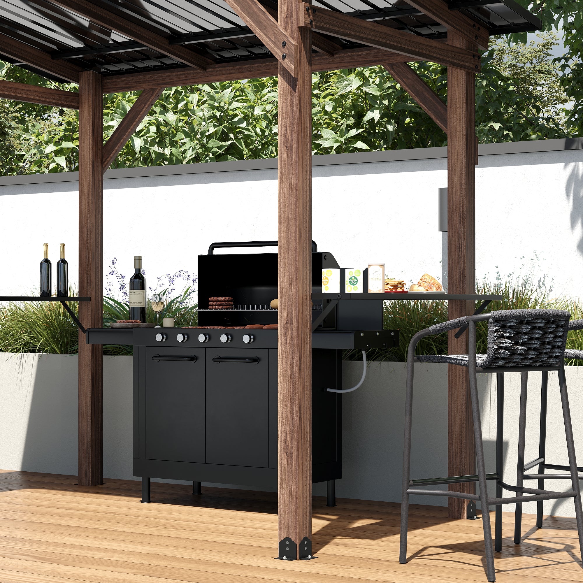 Cedar Wood Grill Gazebo Hardtop Roof With Side Tables For Patio BBQ Shelter