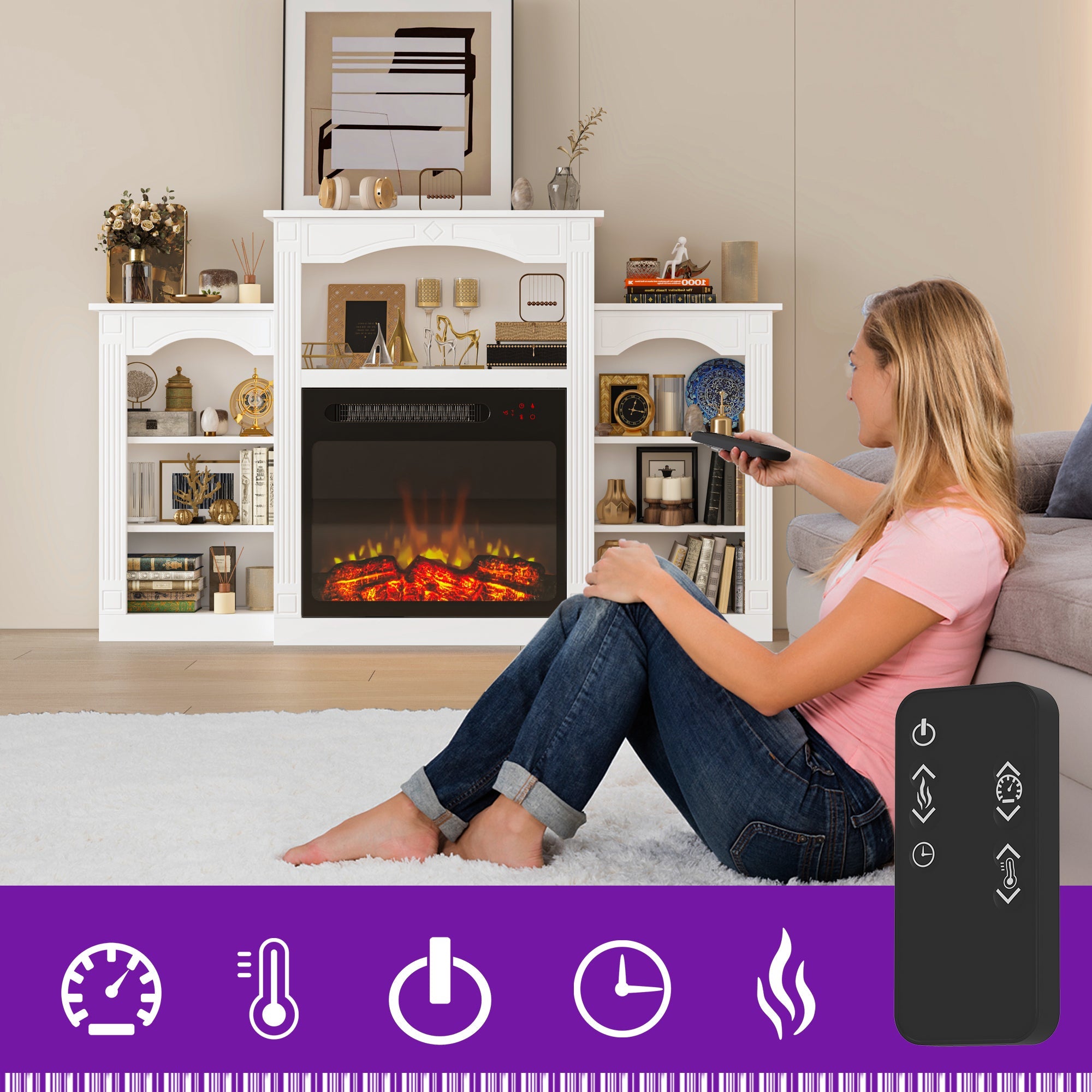 59'' W White Fireplace Heater TV Stand With Open Shelves & Timer