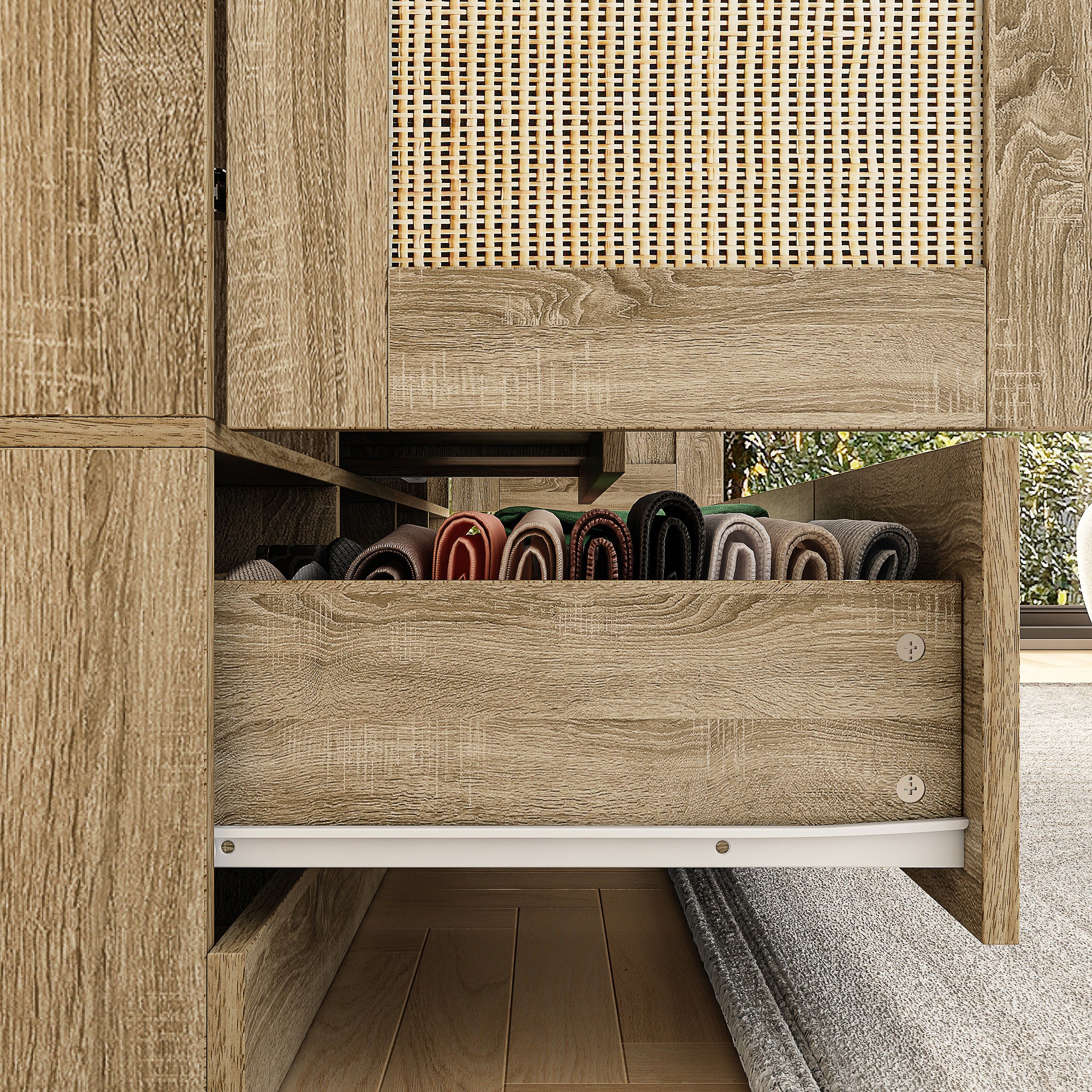 Rustic Four-Door Wardrobe With Rattan Paneling And Six-Drawer Storage