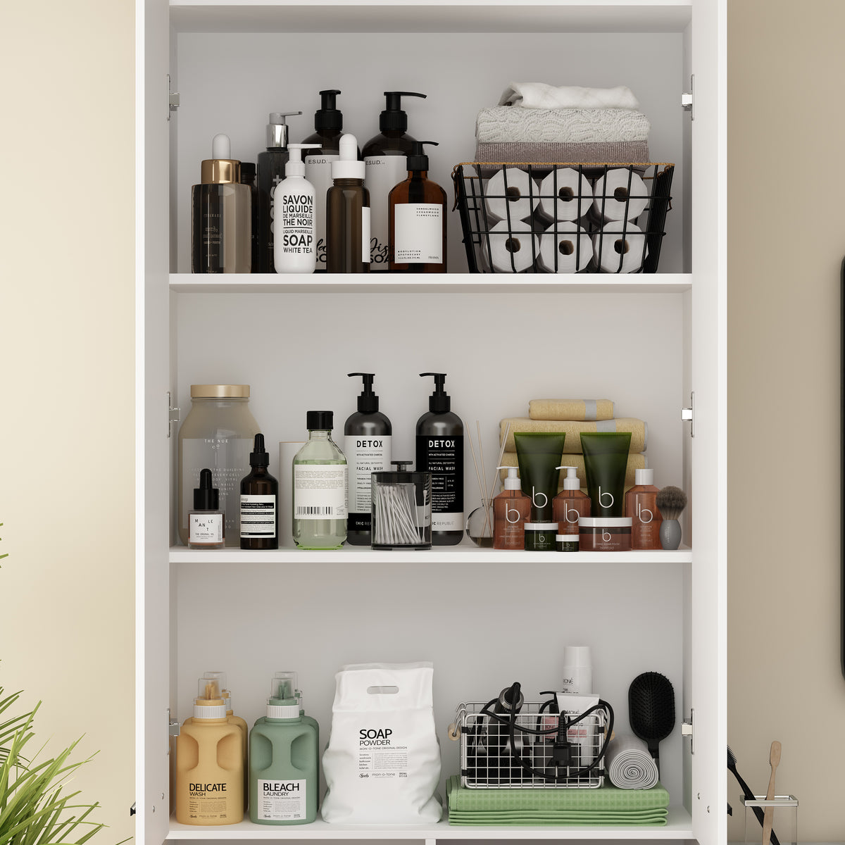 Shelving unit with various bottles, containers, and cleaning supplies on a neutral background