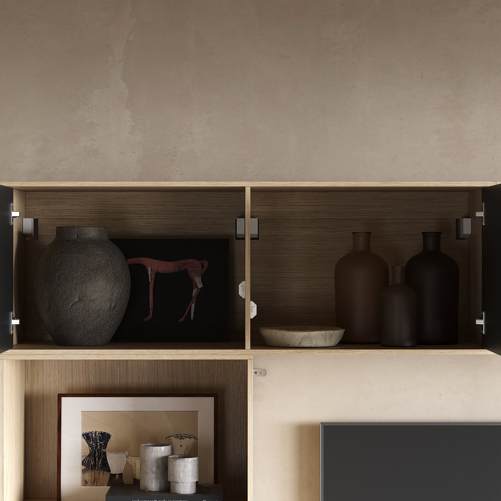 Modern 3-Piece Entertainment Center With Overhead Cabinets And 69" TV Stand, Natural Wood And Black Finish