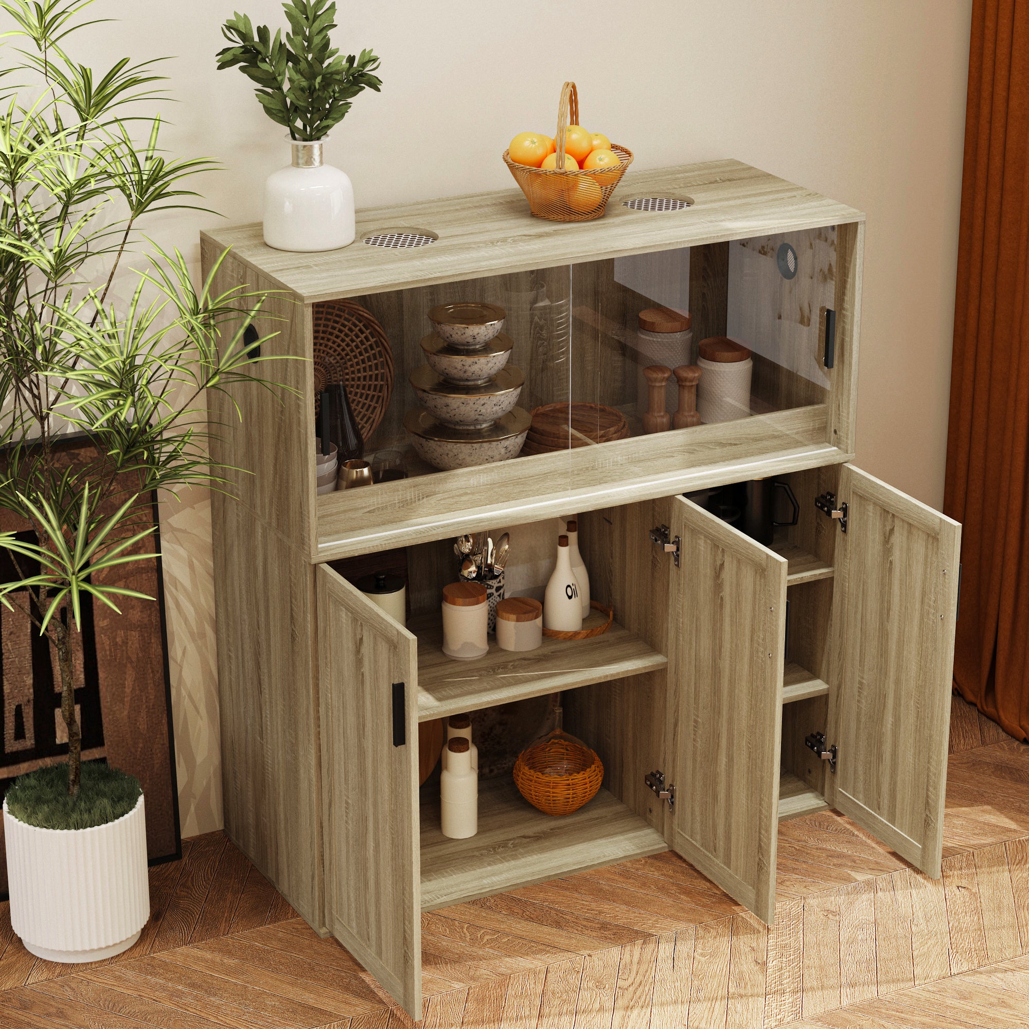 47.2 inch Modern Natural Wood Food Pantry Cabinet with Sliding Glass Doors & Ventilated Design