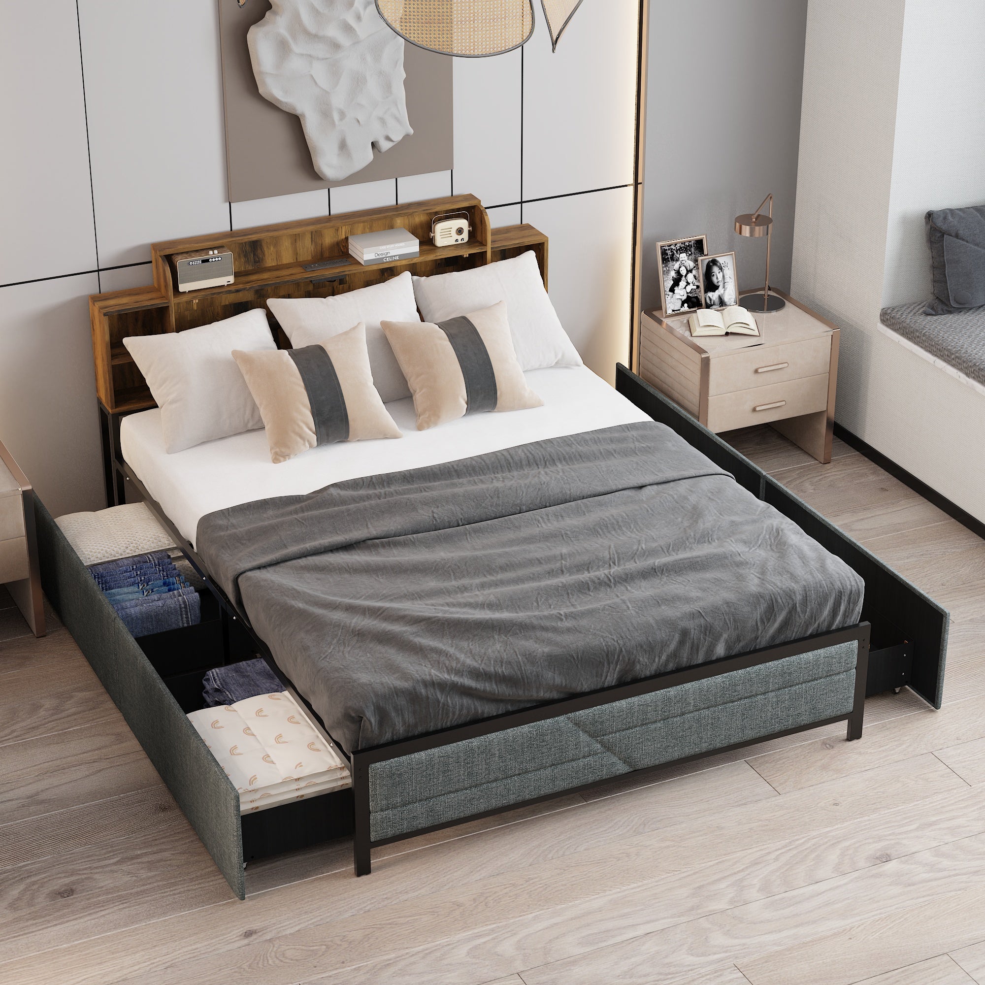 Low Profile Platform Bed With Storage Drawers And Power Outlet