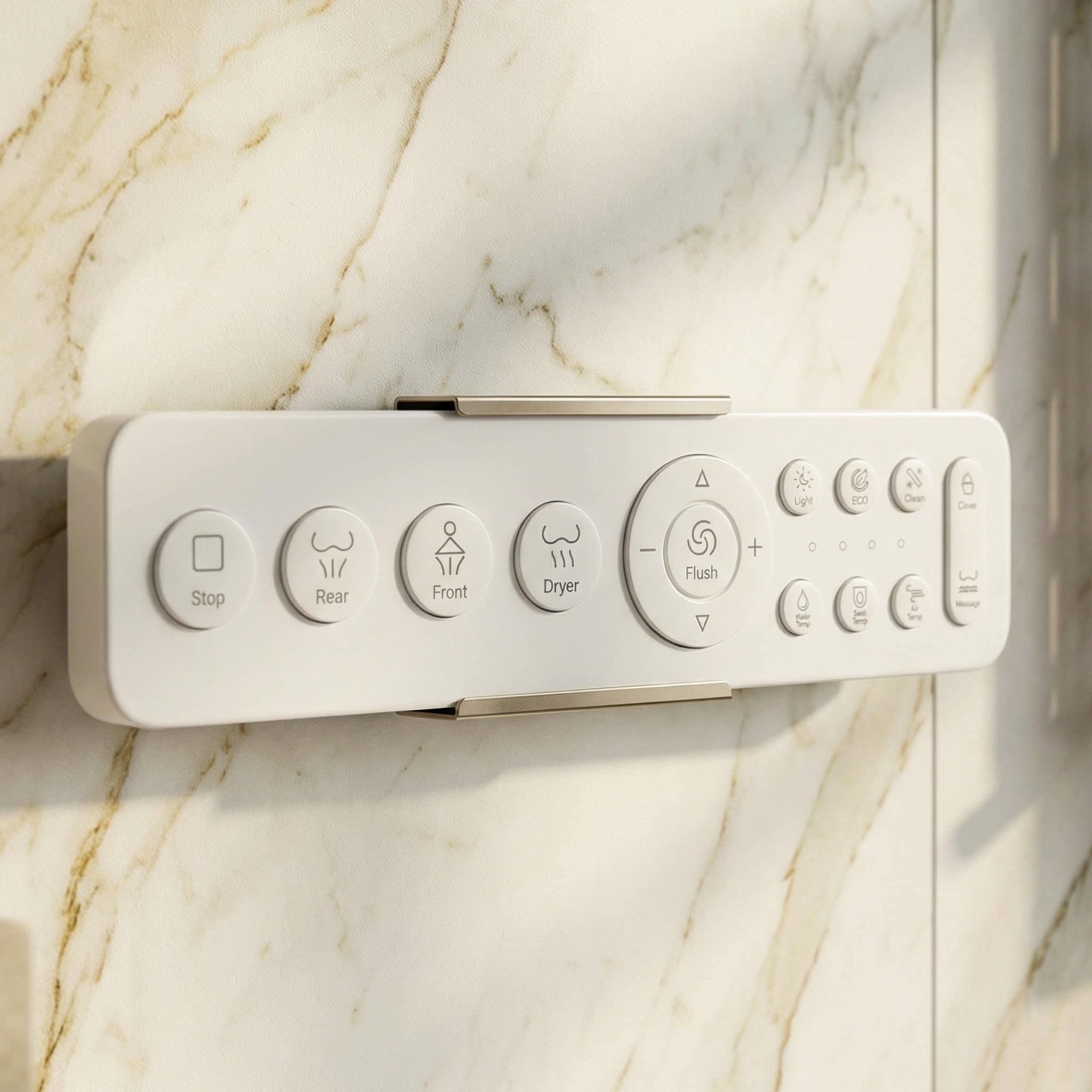 White smart toilet with digital display, and side control knob
