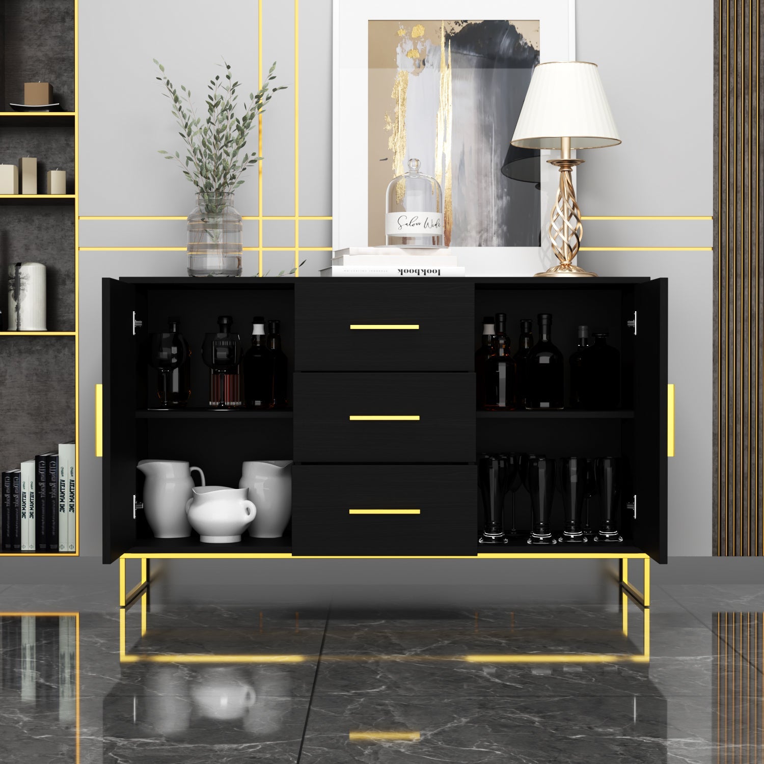 Buffet Sideboard with 3 Drawers & 2 Doors Storage Cabinet Sideboard Credenza Metal Legs for Dining Room and Living Room