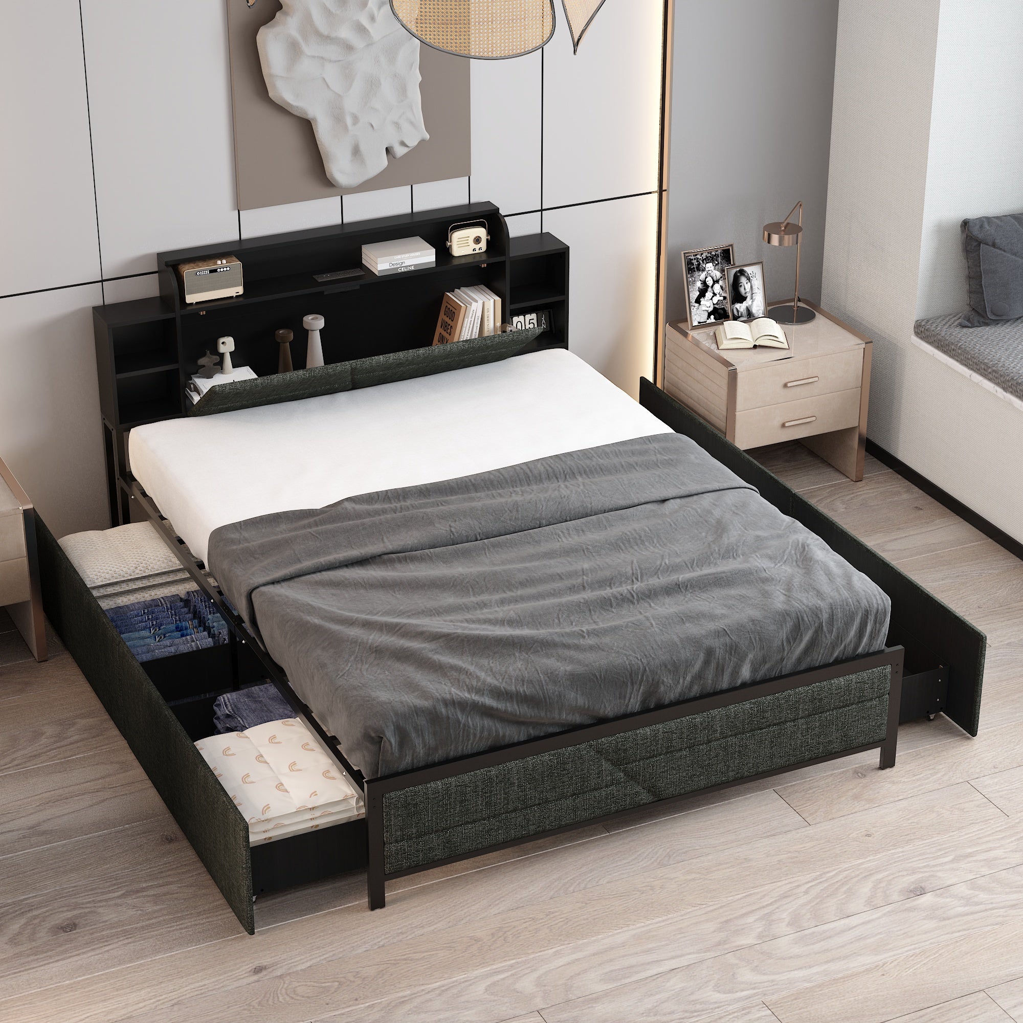 Low Profile Platform Bed With Storage Drawers And Power Outlet