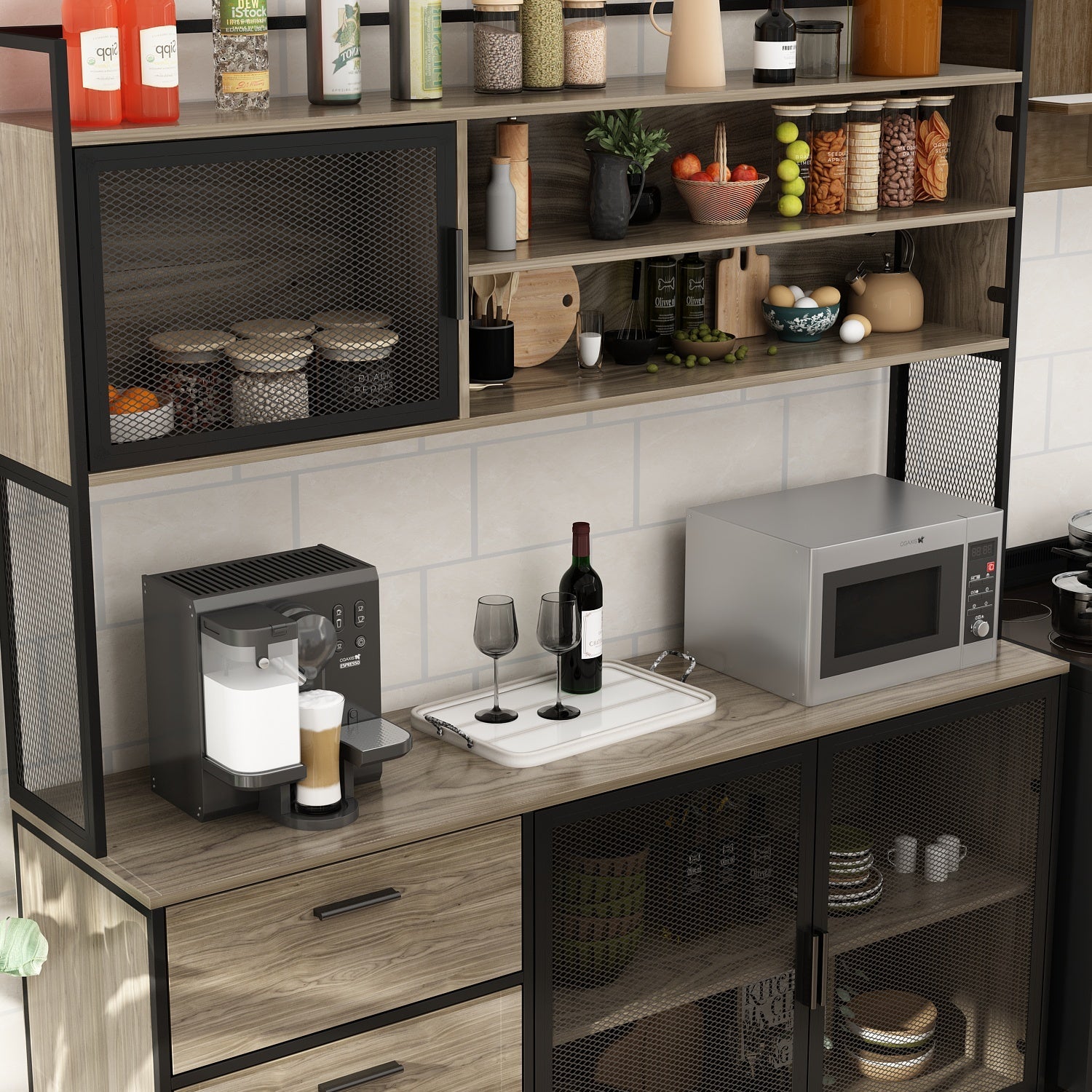 Large Kitchen Sideboard Display Cupboard with Drawers and Mesh Doors Wood Grain