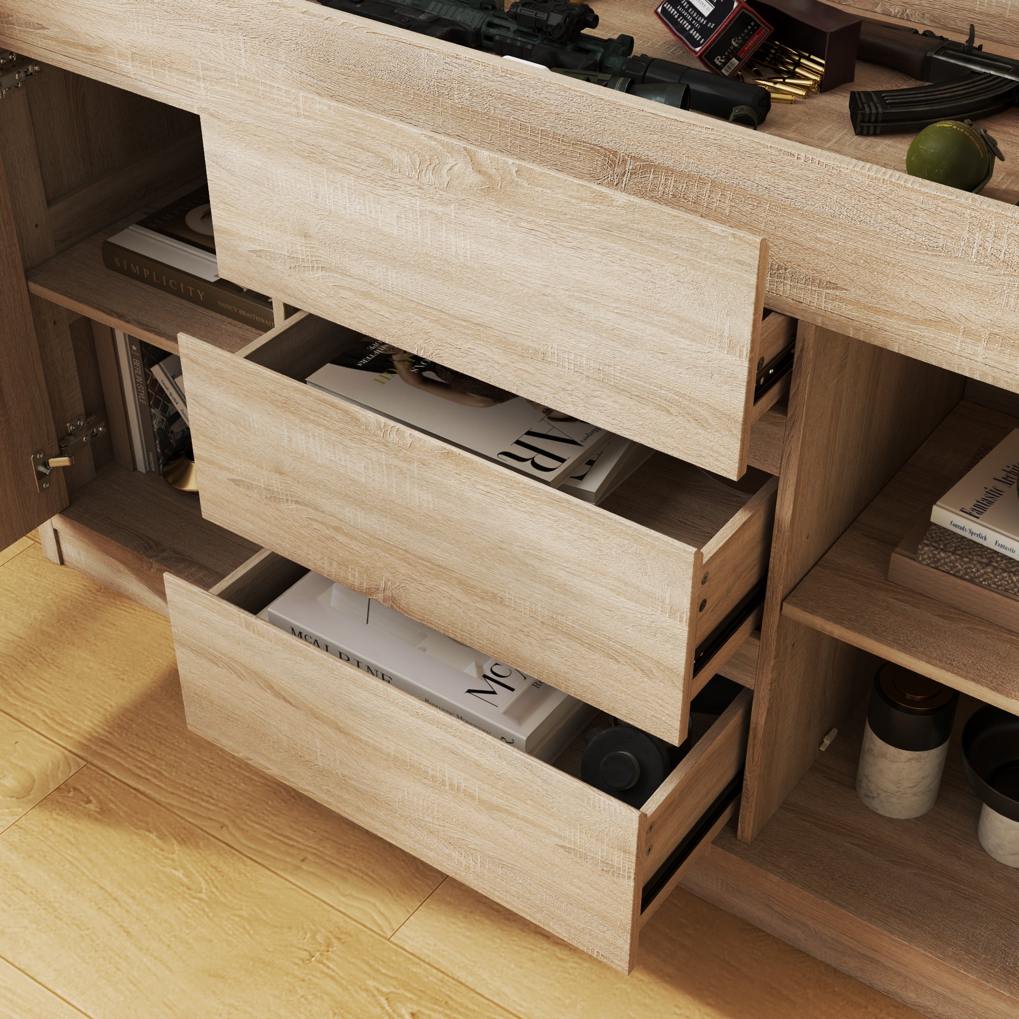 55'' W 3-Drawer Sideboard With Hidden Gun Safe Lock & Hidden Space & NFC