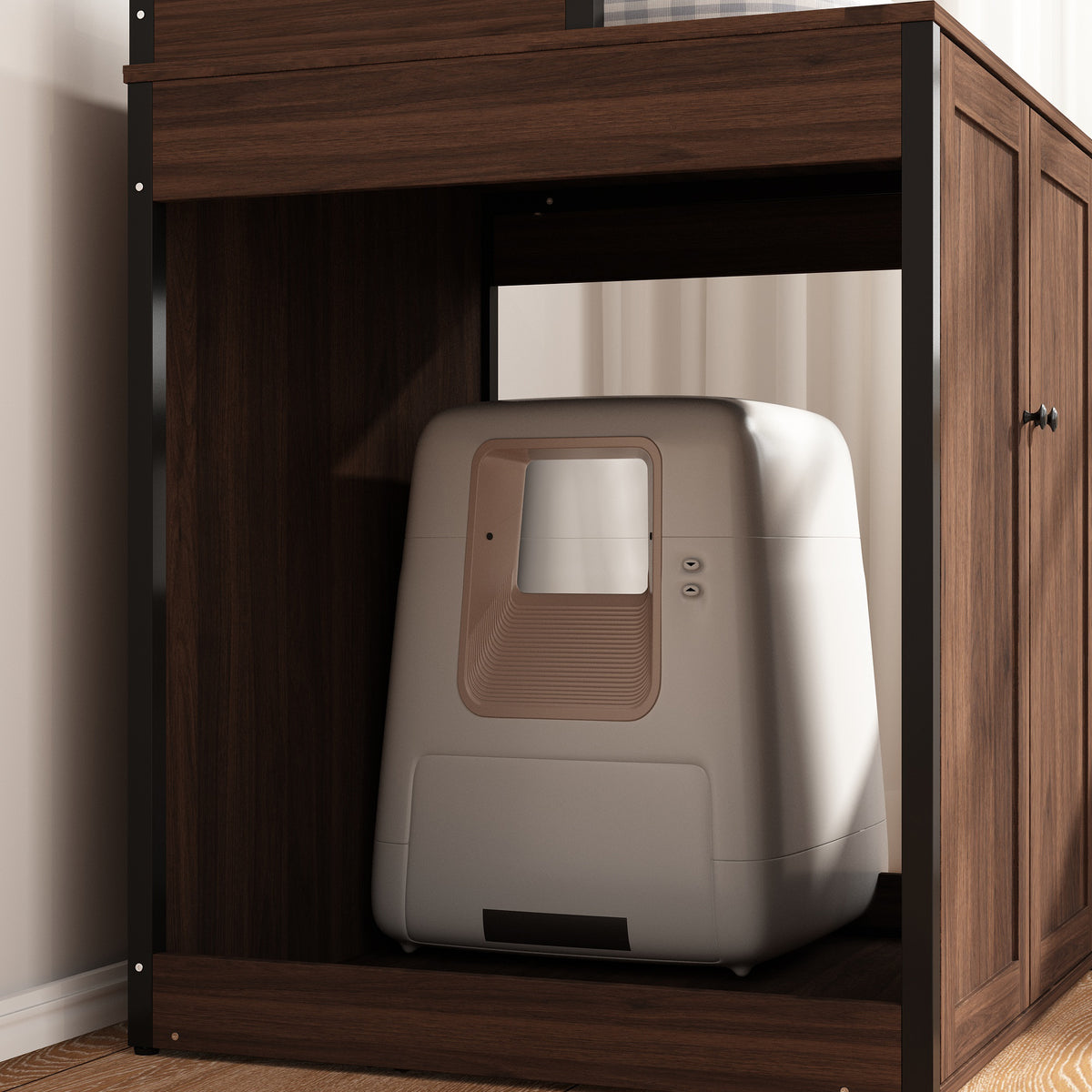 30.8 inches Walnut Wood‑Grain Cat Litter Box Enclosure with Multi‑Level Cat Perch and Storage Shelves