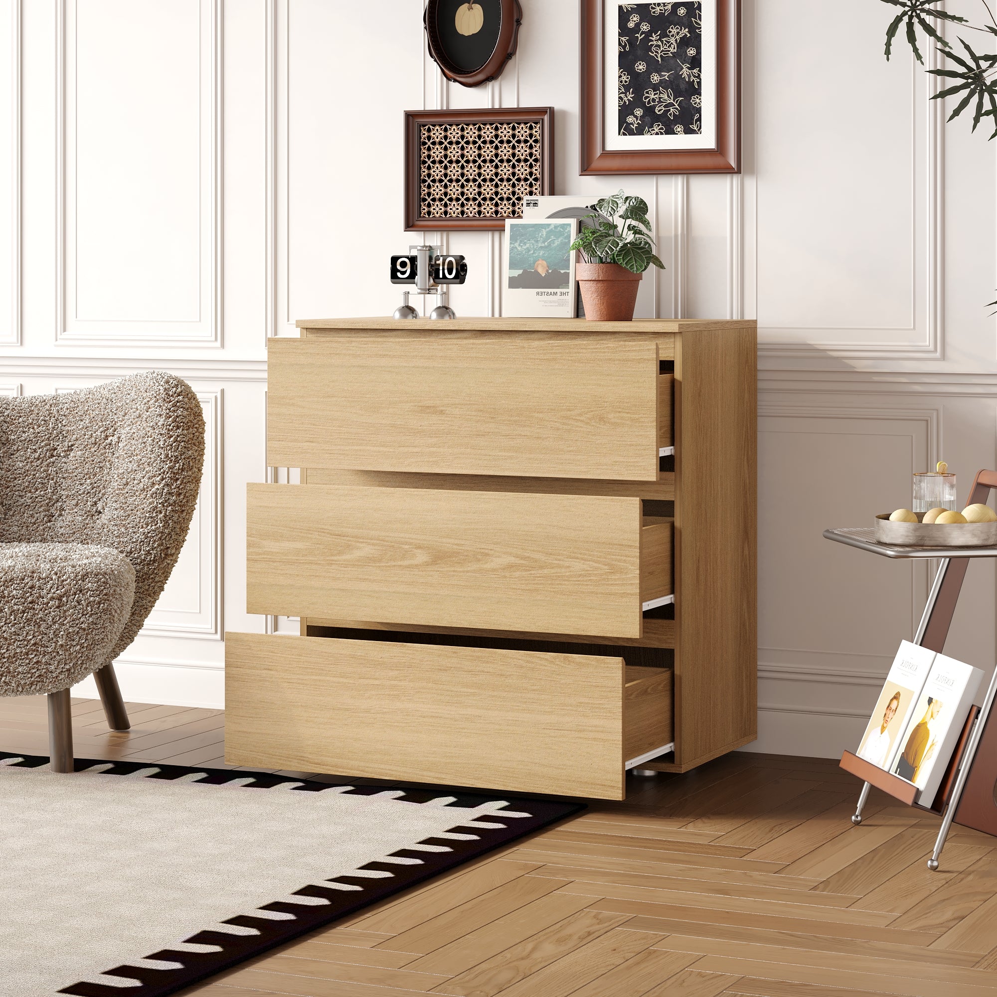 Chest of 3 Drawers Storage Dresser White Sideboard with 3 Drawers No-Handle Organizer