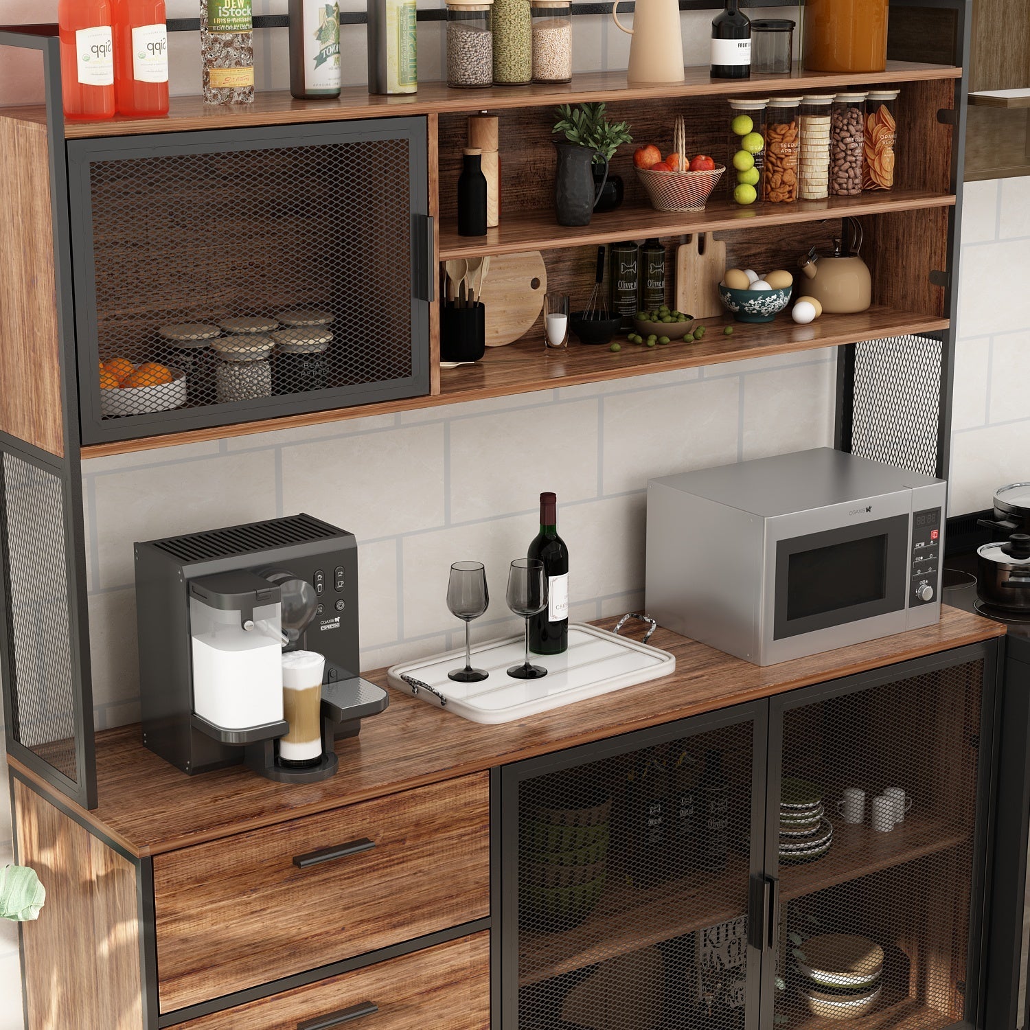 Large Kitchen Sideboard Display Cupboard with Drawers and Mesh Doors Wood Grain