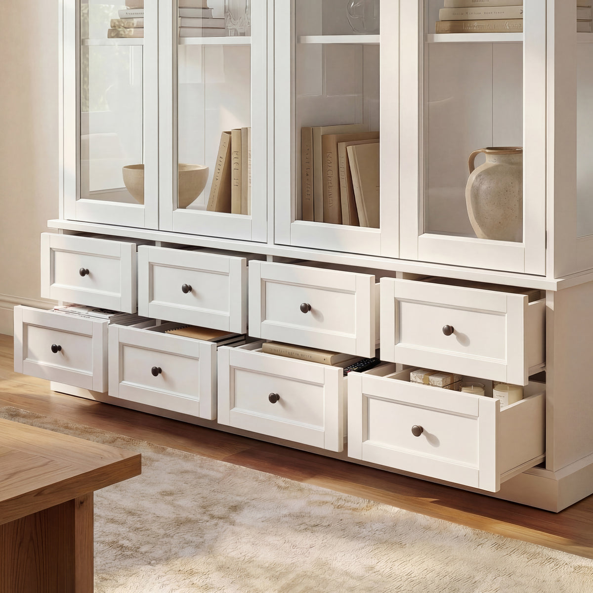 63 inch Smart White Display Cabinet with Bluetooth LED Lights, 8 Drawers & 4 Glass Doors