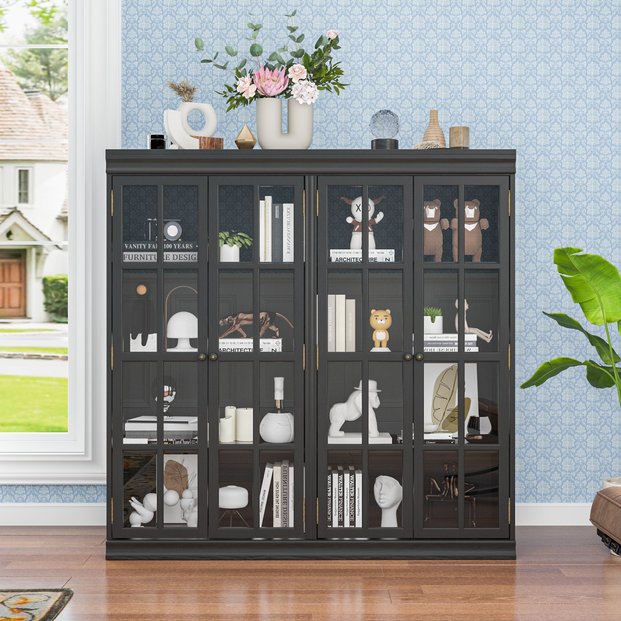 47.2"W Sideboard With 4 Glass Door Large Capacity Cabinet Home Storage