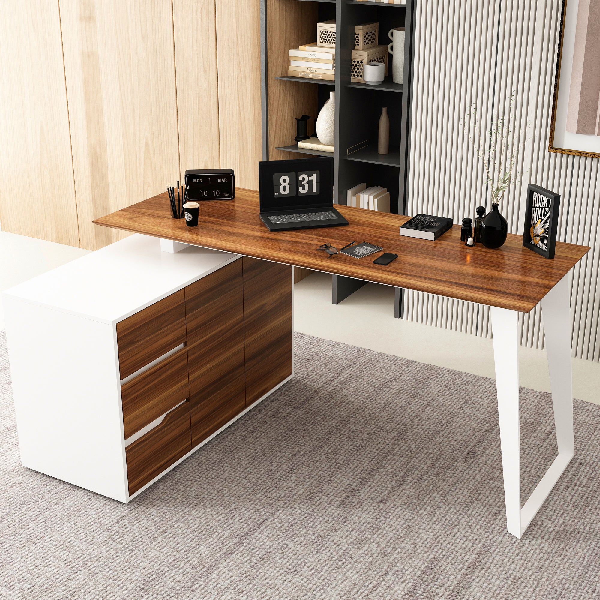 54.3" Mid-Century Modern L-Shaped Corner Computer Desk with Drawers and Wood Grain