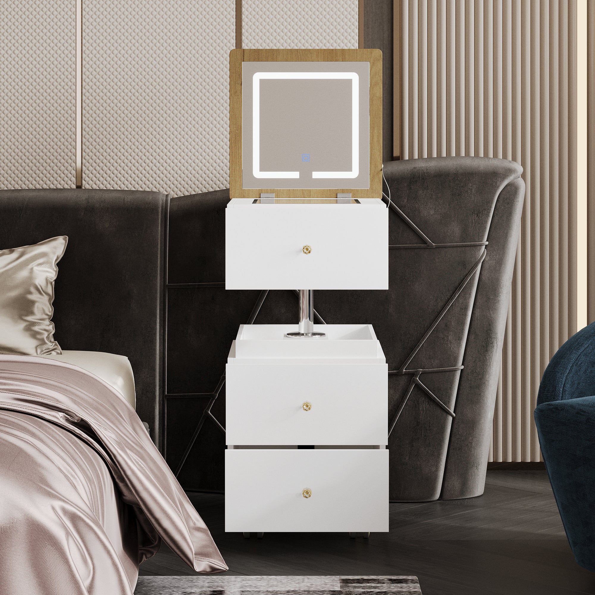 360° Rotating Makeup Vanity Desk with Adjustable Height, Flip-Top Mirror & LED Lighting