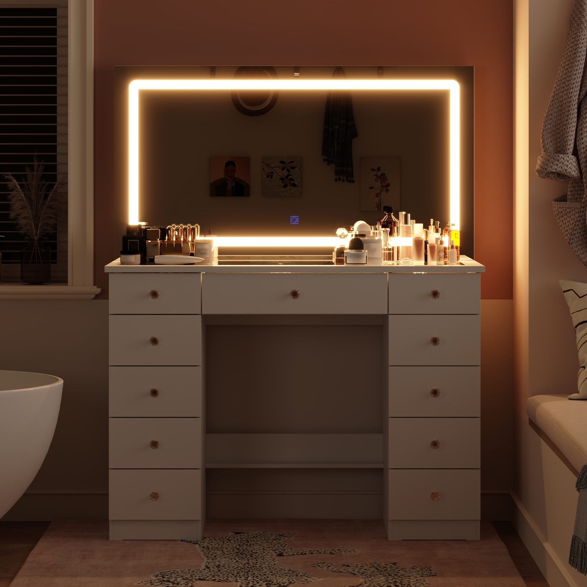 Modern Makeup Vanity With Lighted Mirror And Strong Storage
