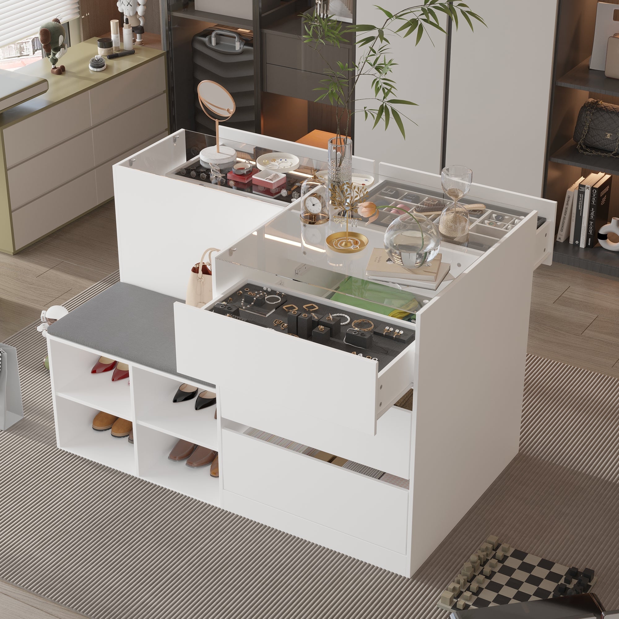 47.2 inches Modern White 4-Shelf Chest With Top And Comfortable Bench