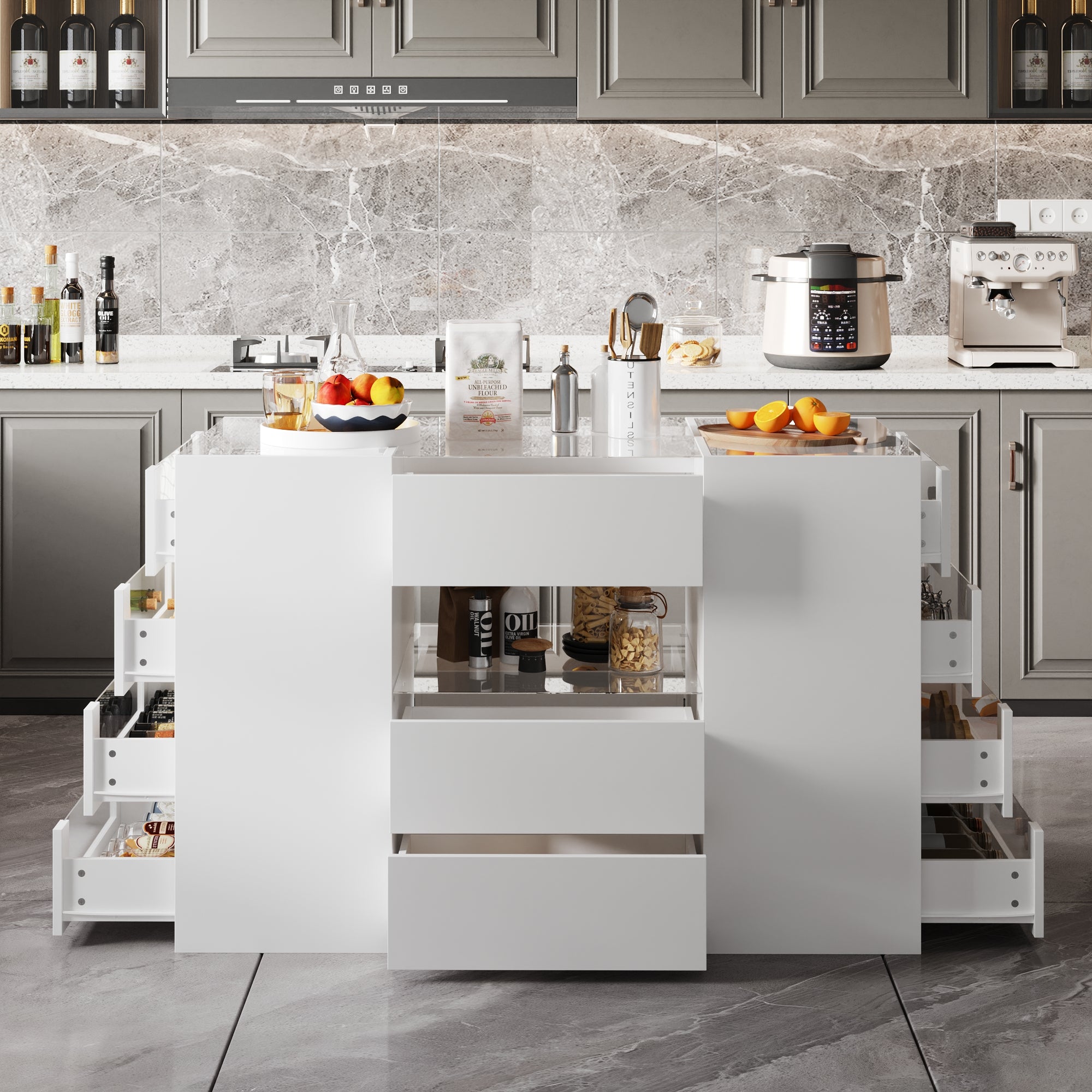 47.2 inch Modern White Kitchen Island with 14 Drawers and Tempered Glass Top