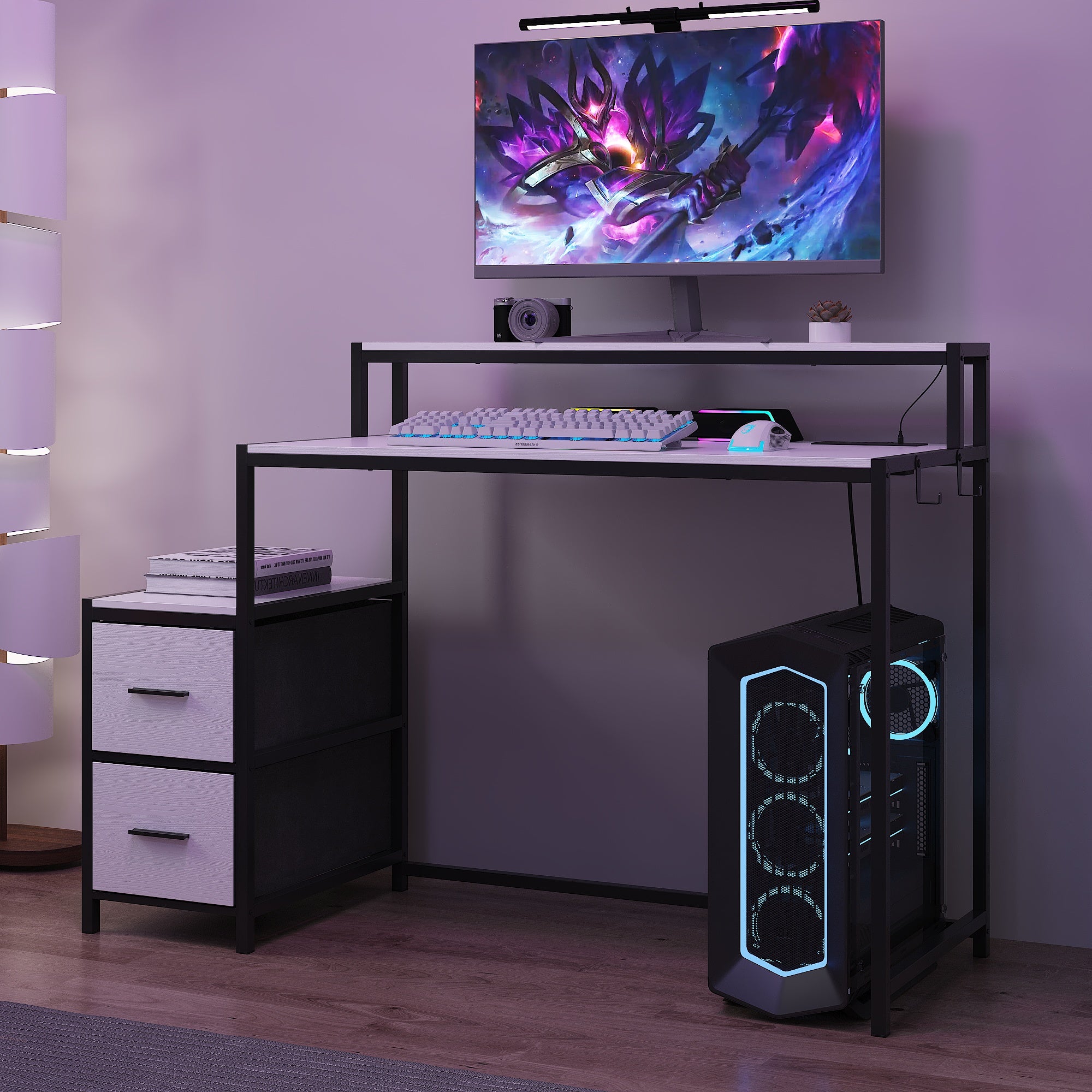 Computer Desk With Monitor Stand & Charging Station, Gaming Desk With LED Lights & Drawers