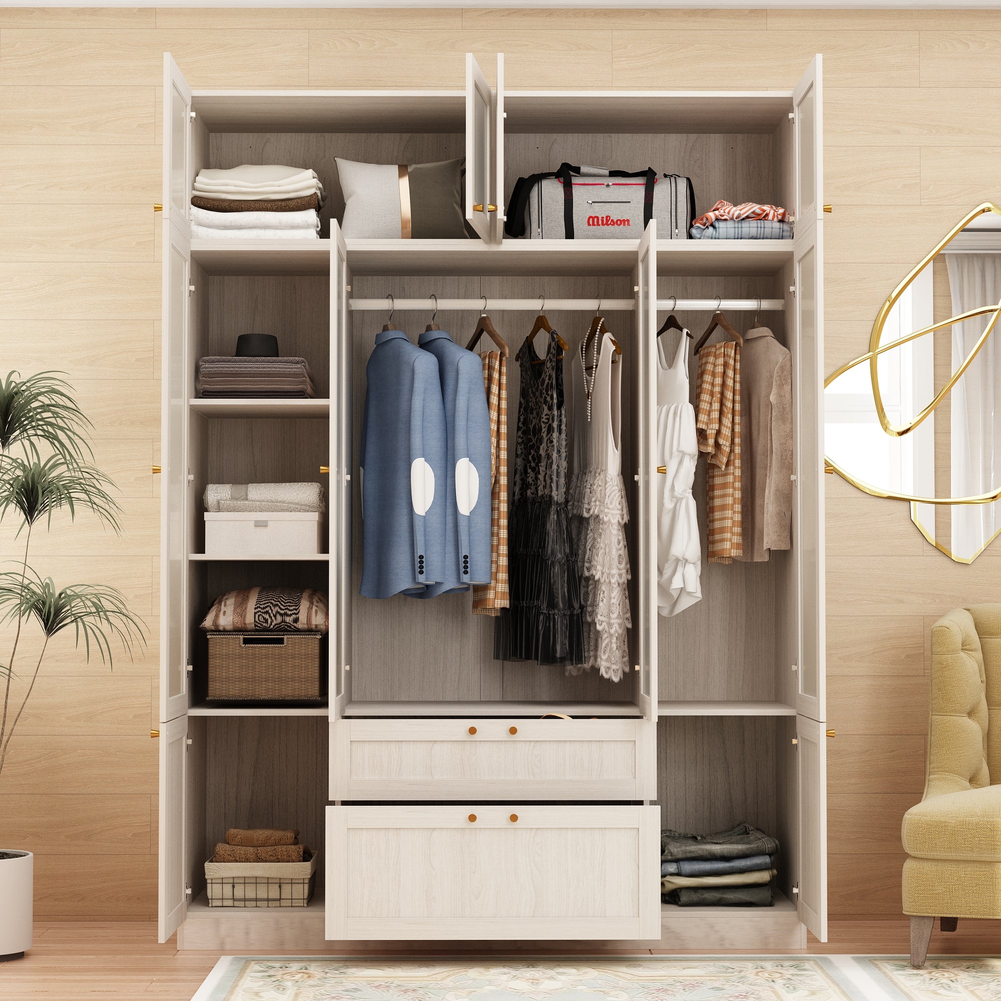 Modern Scandinavian Wardrobe With Frosted Glass Doors And Brass Accents – Spacious Storage Solution With Adjustable Shelves And Drawers