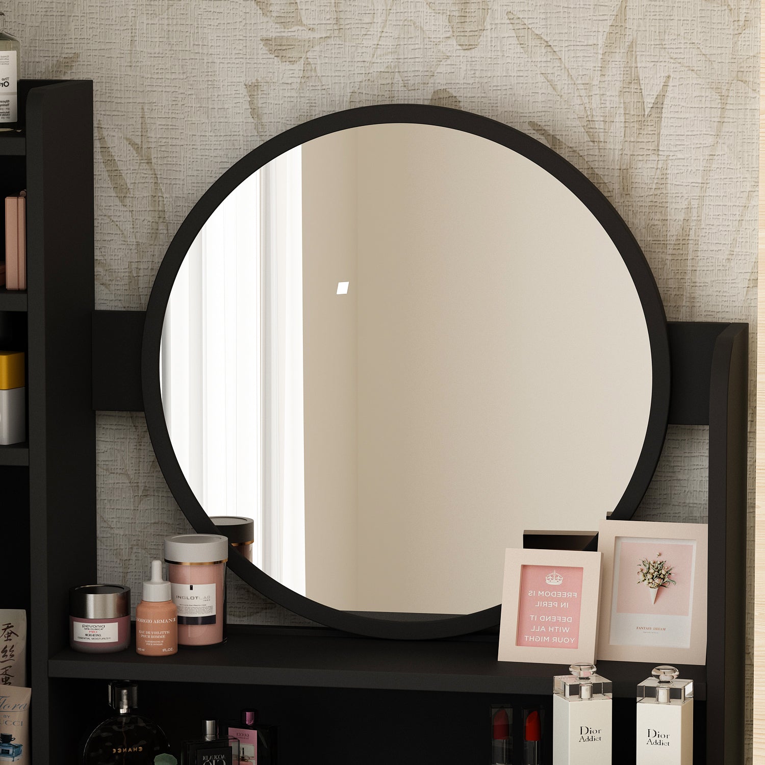 Makeup Vanity Set with Cushioned Stool, 5 Drawers & Display Shelves
